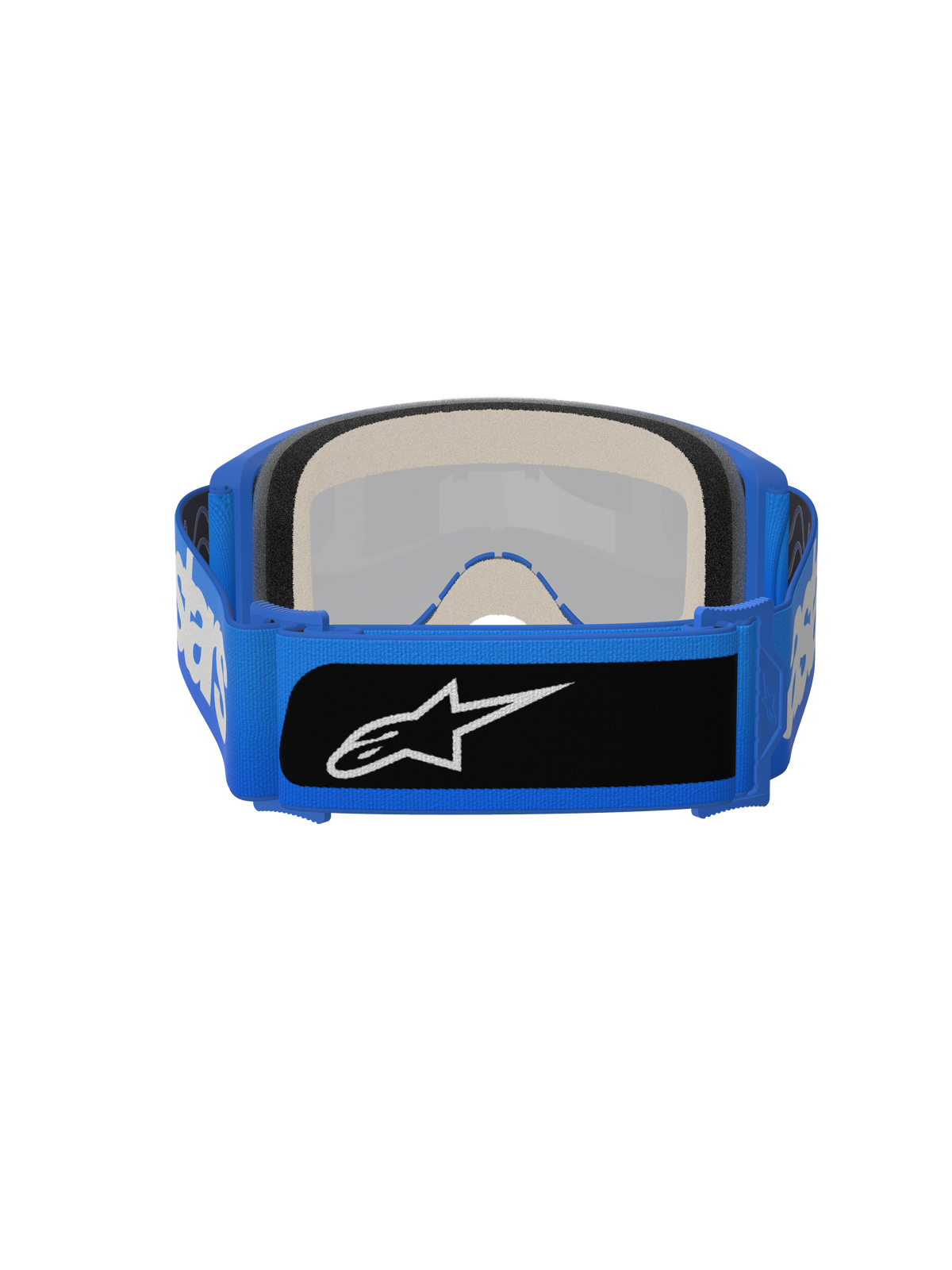 Alpinestars Vision 5 Blaze Goggles, Motocross Goggles, Blue, rear view showing thick multi-layer face foam and wide blue woven strap with a black logo patch, high-performance eye protection for off-road riding