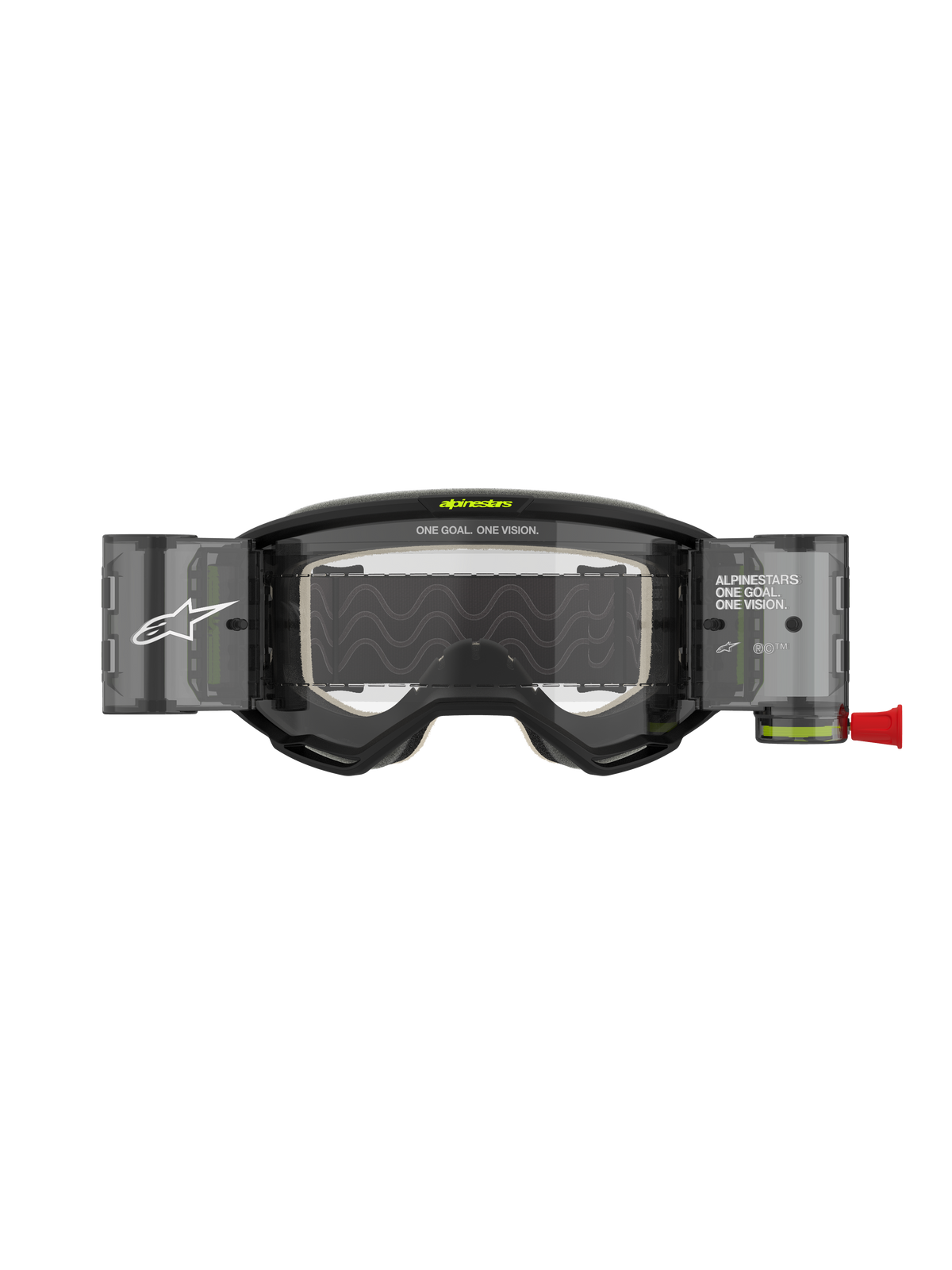 Alpinestars Vision 5 Hollow Roll-Off-Brille, Motocross-Brille, Anthrazit und Neongelb, mit klarem Roll-Off-Linsensystem, halbtransparenten Behältern, roter Zuglasche, weißem Branding und dem Schriftzug „ONE GOAL. ONE VISION.“, konzipiert für den Offroad-Rennsport