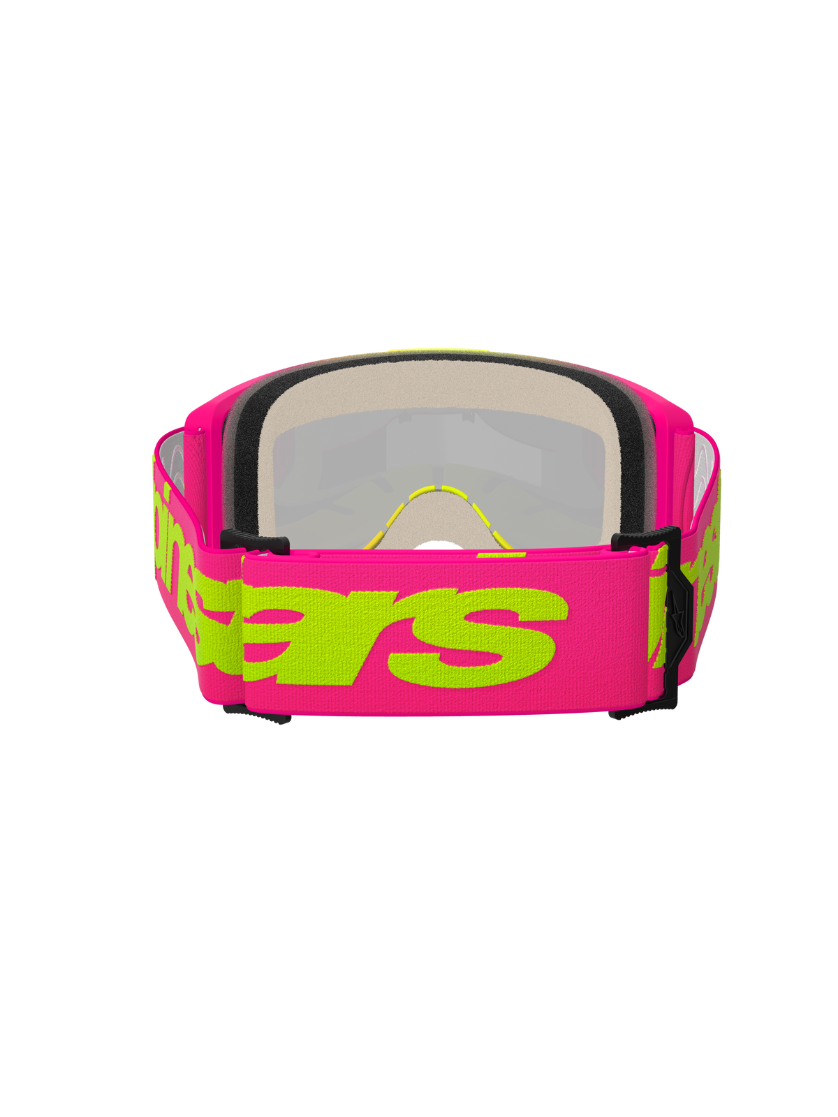 Alpinestars Vision 5 Wordmark Goggles, Motocross Goggles, Pink and Fluo Yellow, rear view highlighting the wide pink woven strap with yellow Alpinestars wordmark, multi-layer face foam, and lightweight urethane frame.