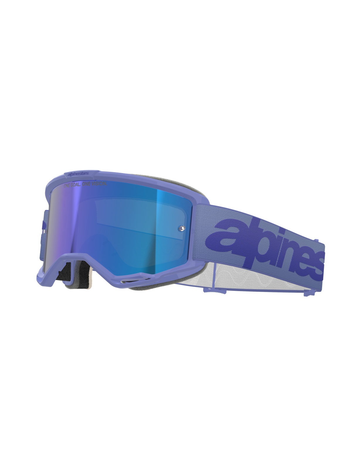 Alpinestars Vision 5 Wordmark Goggles, Motocross-Brille, Purple Mirror Blue, mit lila Rahmen und blau verspiegelter Linse, breitem lila gewebtem Band mit dunkelblauem Schriftzug, professioneller Offroad-Augenschutz.