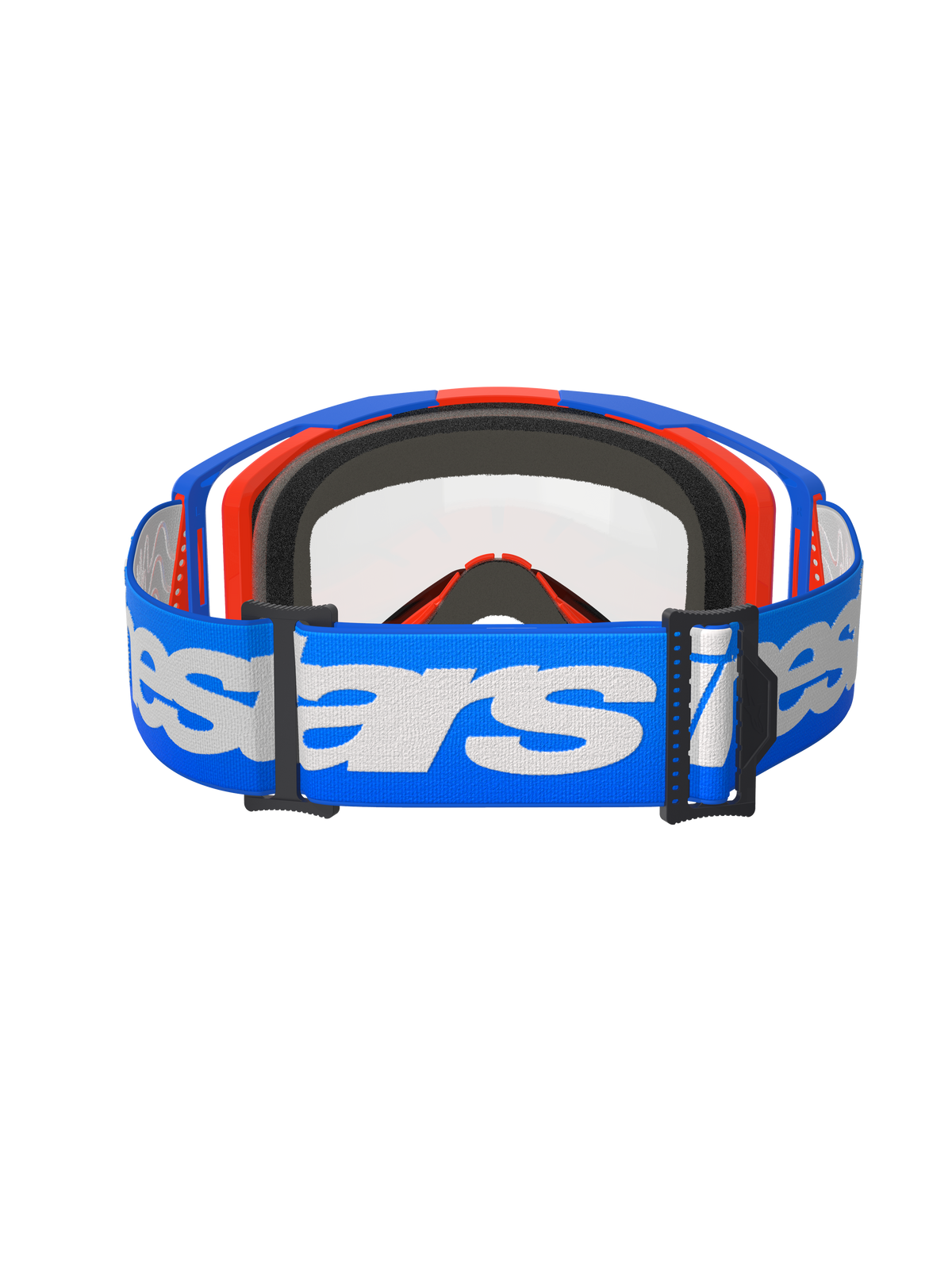 Alpinestars Vision 8 Wordmark Goggles Dual Pane, Motocross Goggles, Blue Orange and Clear, back view featuring a wide blue strap with white Alpinestars wordmark, black multi-layer face foam, and clear dual-pane lens