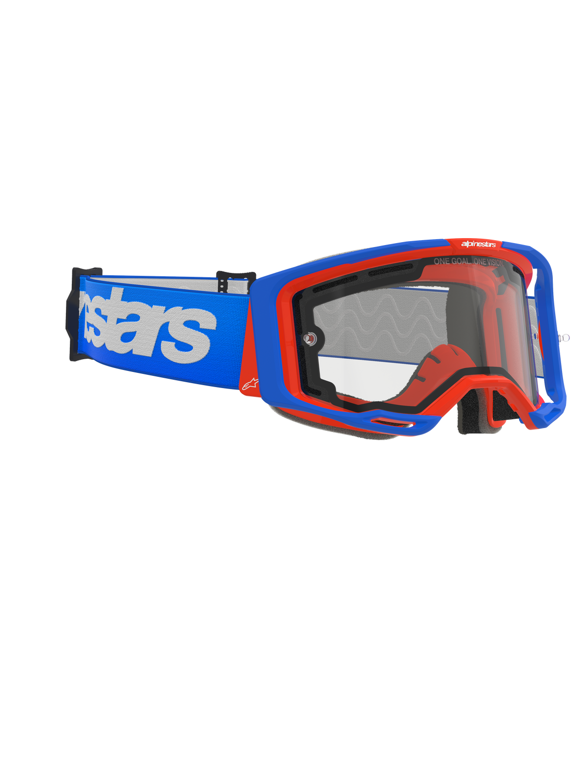 Alpinestars Vision 8 Wordmark Goggles Dual Pane, Motocross Goggles, Blue and Orange with Clear Lens, wide blue strap with bold white wordmark, ergonomic design for off-road racing.