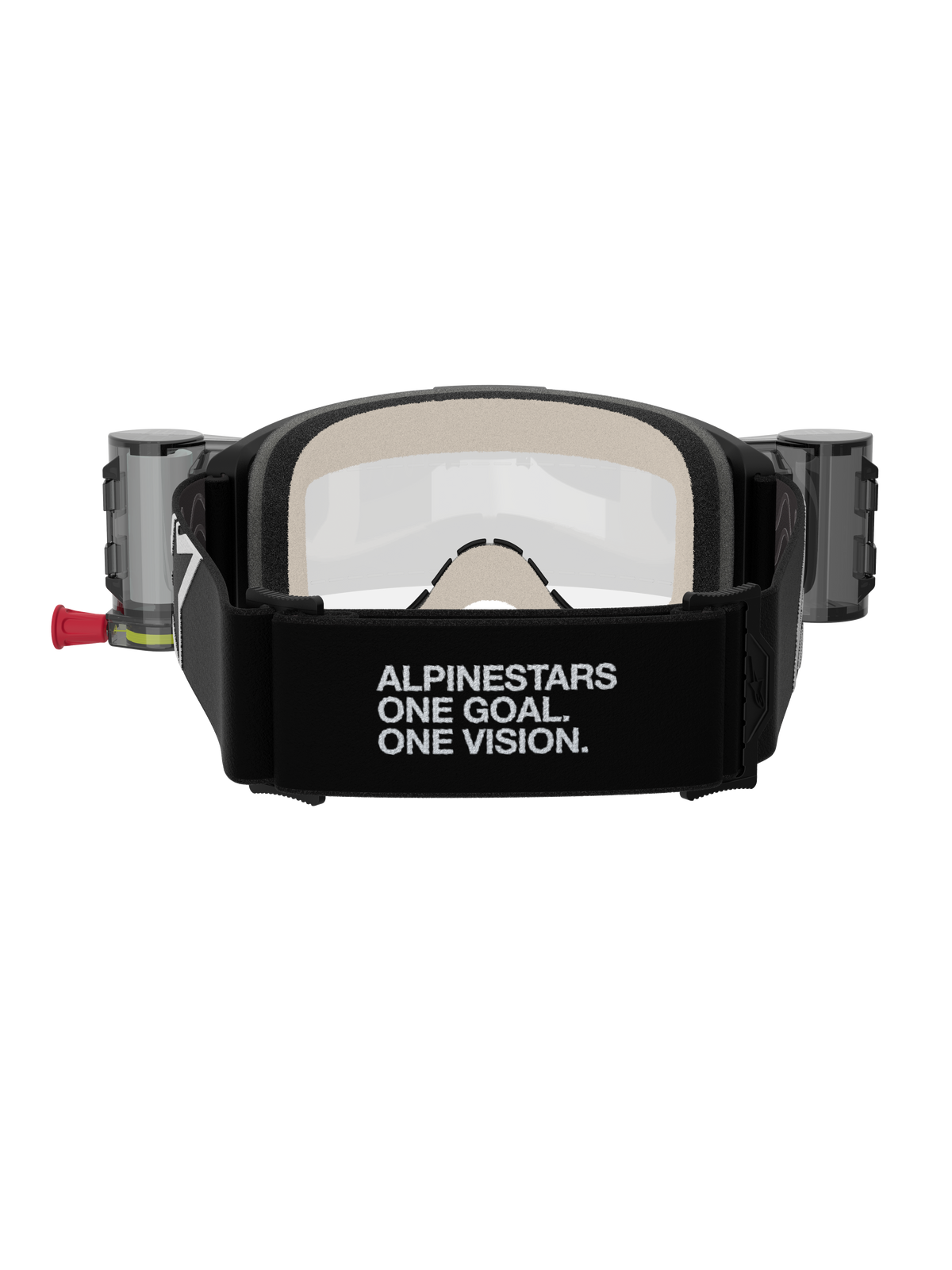 Alpinestars Vision 5 Corp Goggles Roll Off, Motocross Goggles, Black and Clear, rear view featuring a wide black strap with 'ALPINESTARS ONE GOAL. ONE VISION.' branding, roll-off system canisters, and comfortable multi-layer face foam