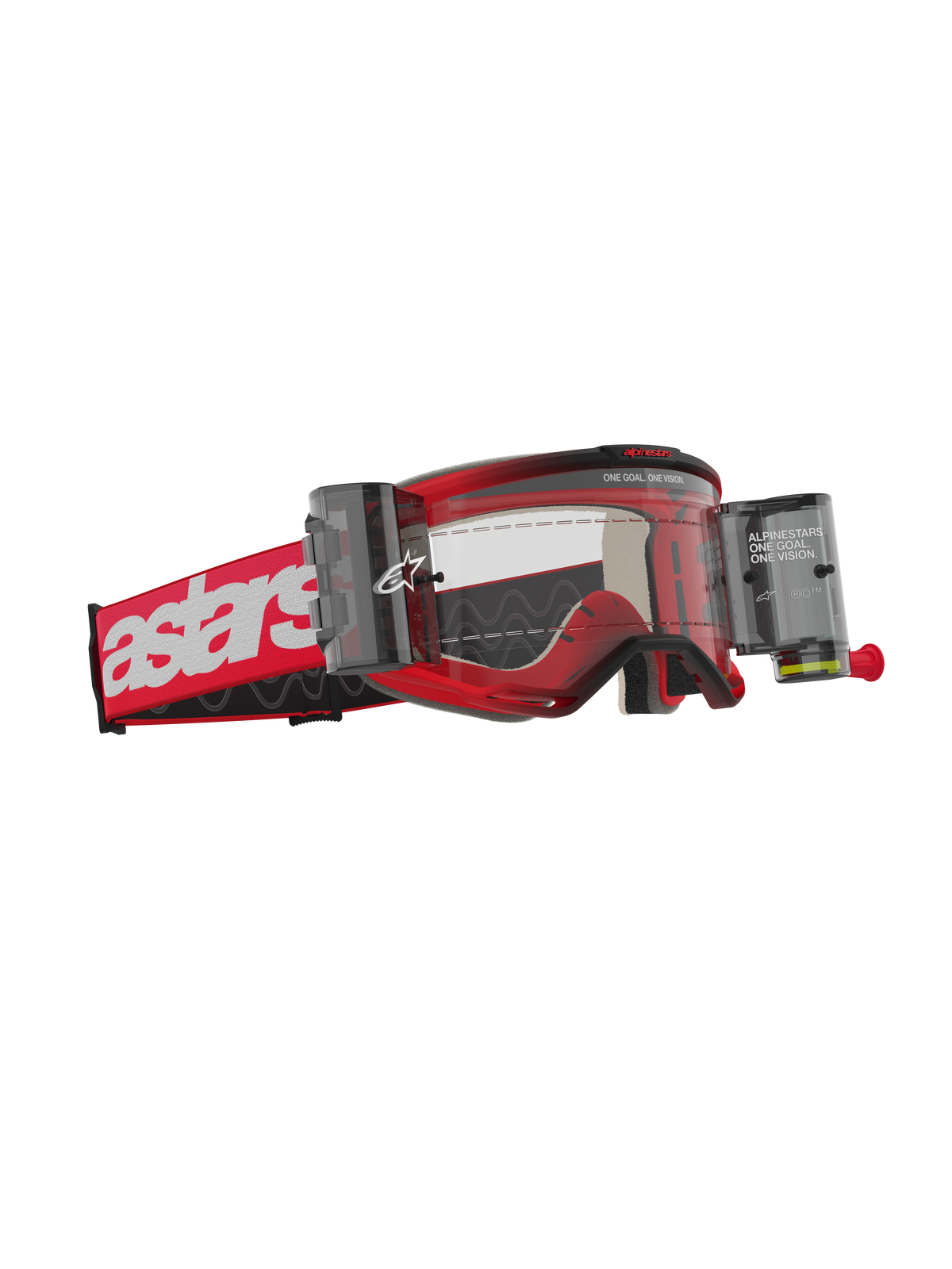 Alpinestars Vision 5 Blaze Goggles Roll Off, Motocross Goggles, Red frame with white astars logo on the strap, clear lens with integrated Wide Vision Roll-Off system canisters, durable eye protection for off-road riding