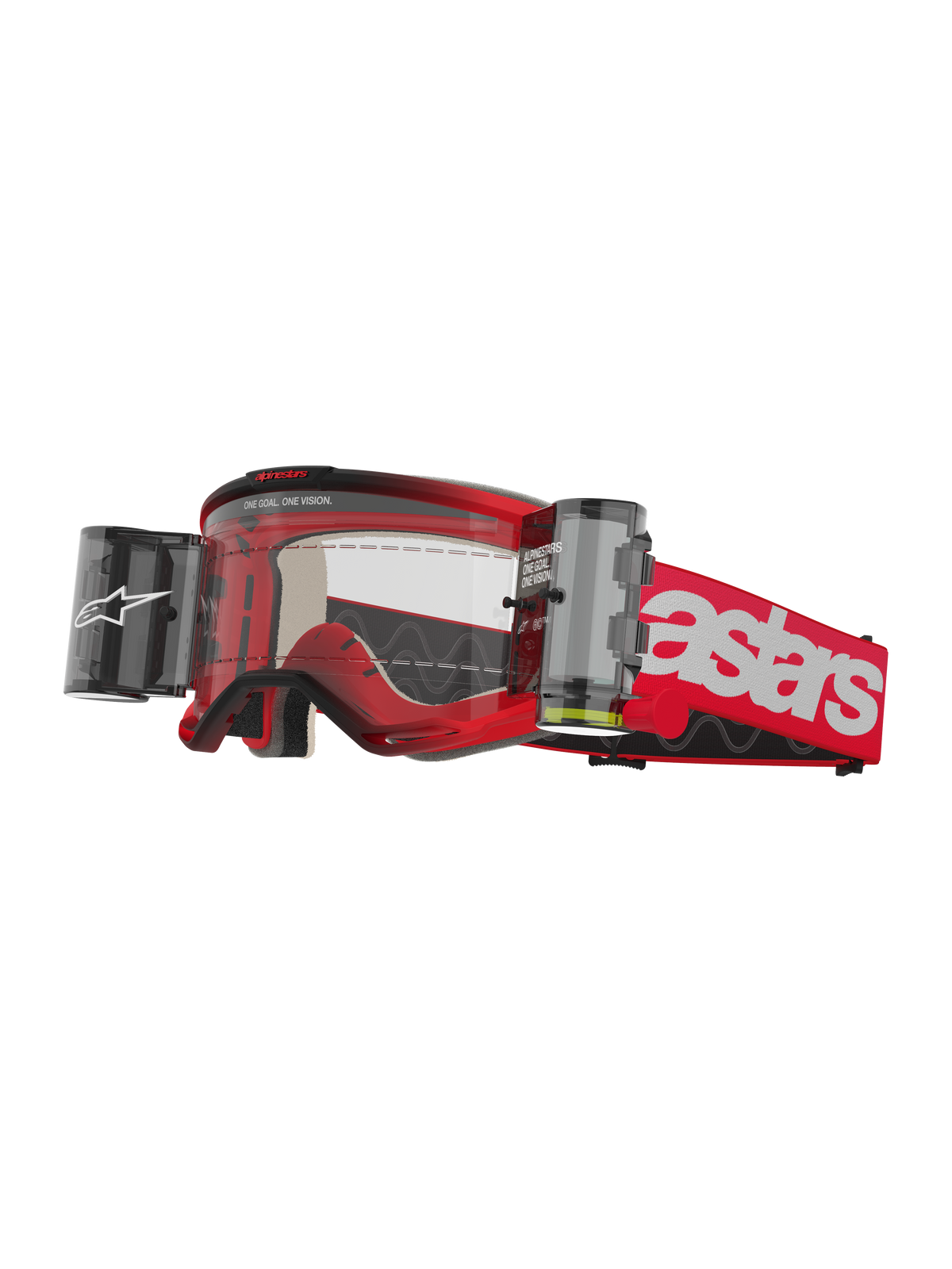 Alpinestars Vision 5 Blaze Goggles Roll Off, Motocross Goggles, Red and White, Clear Lens with integrated Wide Vision Roll-Off film system, dual side canisters, red woven strap with bold white astars branding, durable urethane frame with foam padding, off-road racing eyewear