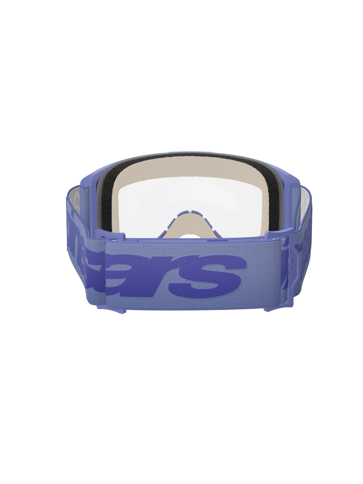 Alpinestars Vision 5 Wordmark Goggles, Lila und Klar, Rückansicht zeigt dreilagigen Gesichtsschaumstoff, breites lilafarbenes gewebtes Band mit markantem Wordmark-Branding, klare Scheibe, entwickelt für Motocross- und Offroad-Rennsport