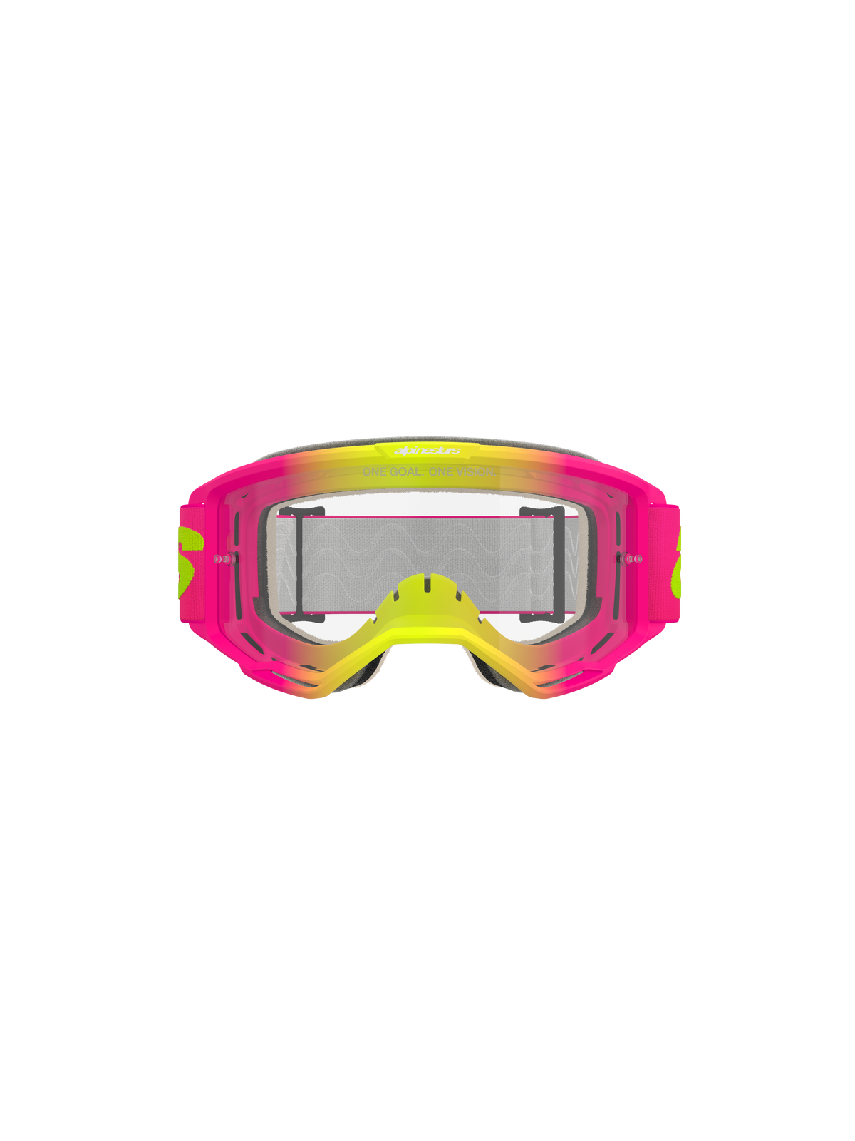 Alpinestars Vision 5 Wordmark Goggles, Motocross-Brille, Pink und Neongelb mit klarer Sichtscheibe, leuchtender Rahmen mit Farbverlauf, breites gewebtes Band mit gelbem Branding, Hochleistungs-Augenschutz für den Offroad-Sport