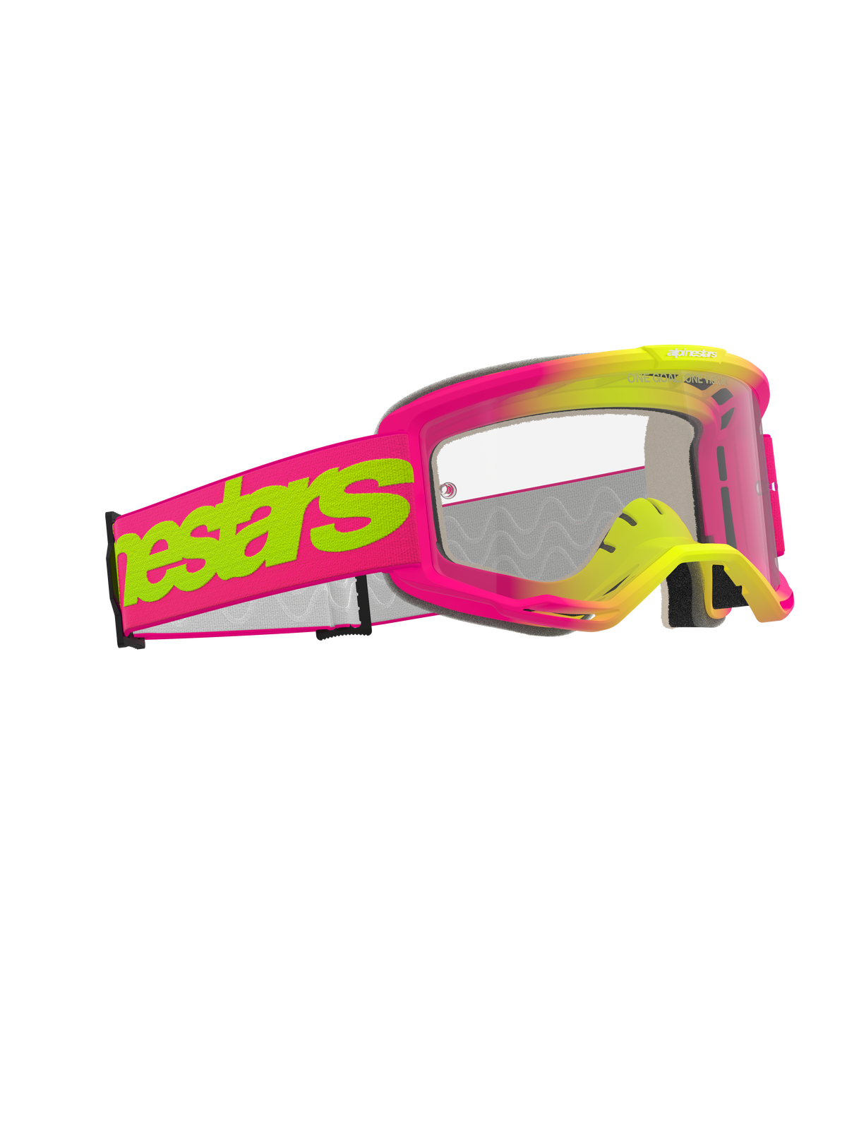 Alpinestars Vision 5 Wordmark Goggles, Motocross-Brille, pinker und neongelber Rahmen mit klarer Scheibe, breites pinkes Band mit markantem neongelbem Alpinestars-Schriftzug, leistungsstarker Augenschutz für den Offroad-Rennsport