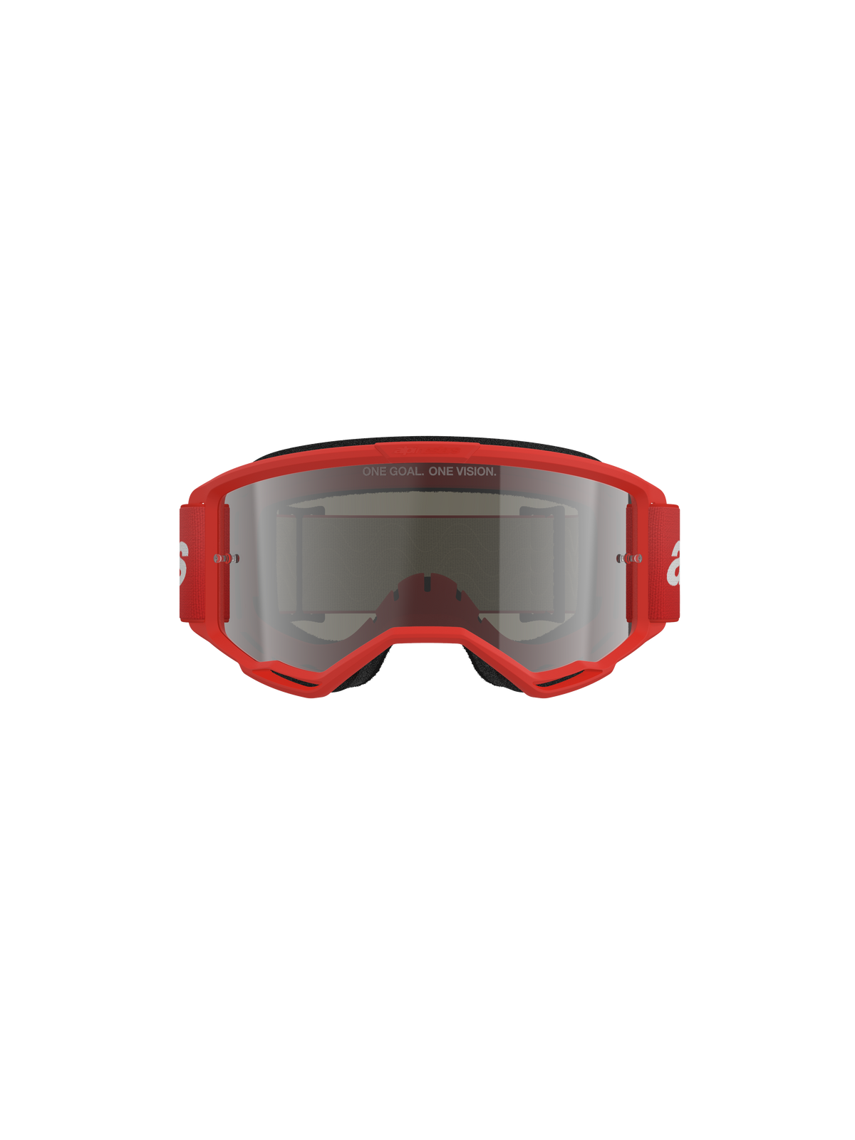 Alpinestars Vision 3 Wordmark Goggles, Motocross Goggles, Red frame with Silver Mirror lens, front view featuring 'ONE GOAL. ONE VISION.' text on the lens and a wide red strap