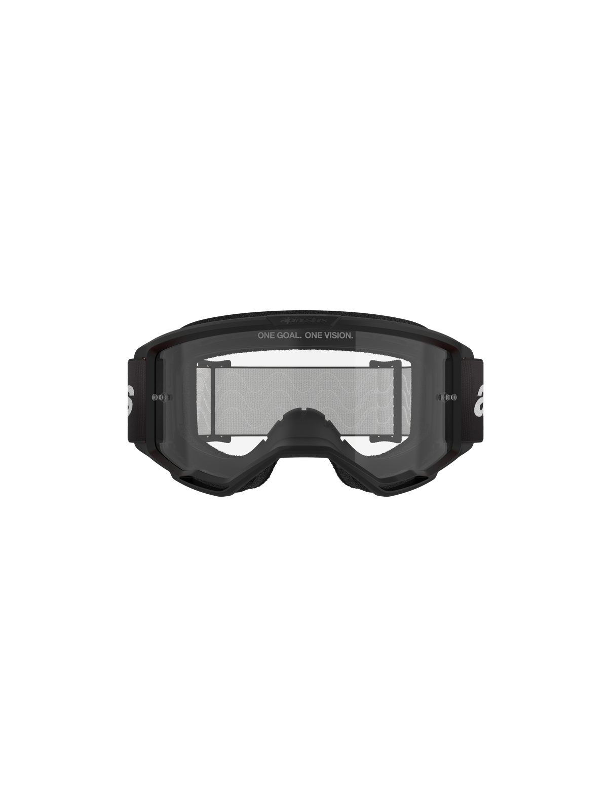 Alpinestars Vision 3 Wordmark Goggles, Motocross Goggles, Black and Clear, front view featuring clear anti-fog lens, A-FLEX frame, black strap with white Alpinestars logo, and 'ONE GOAL. ONE VISION.' slogan detail.
