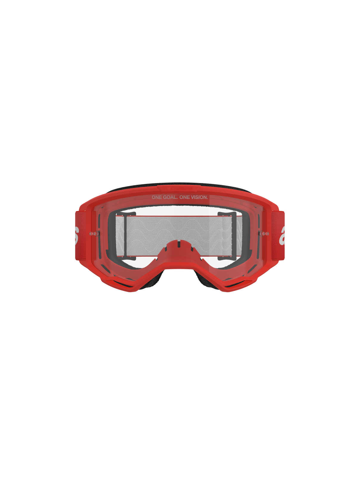 Alpinestars Vision 3 Wordmark Goggles, Motocross-Brille, roter Rahmen und klare Linse, rotes gewebtes Band mit weißem Branding, 'ONE GOAL. ONE VISION.'-Schriftzug auf der Linse, frontale Studioaufnahme auf schwarzem Hintergrund