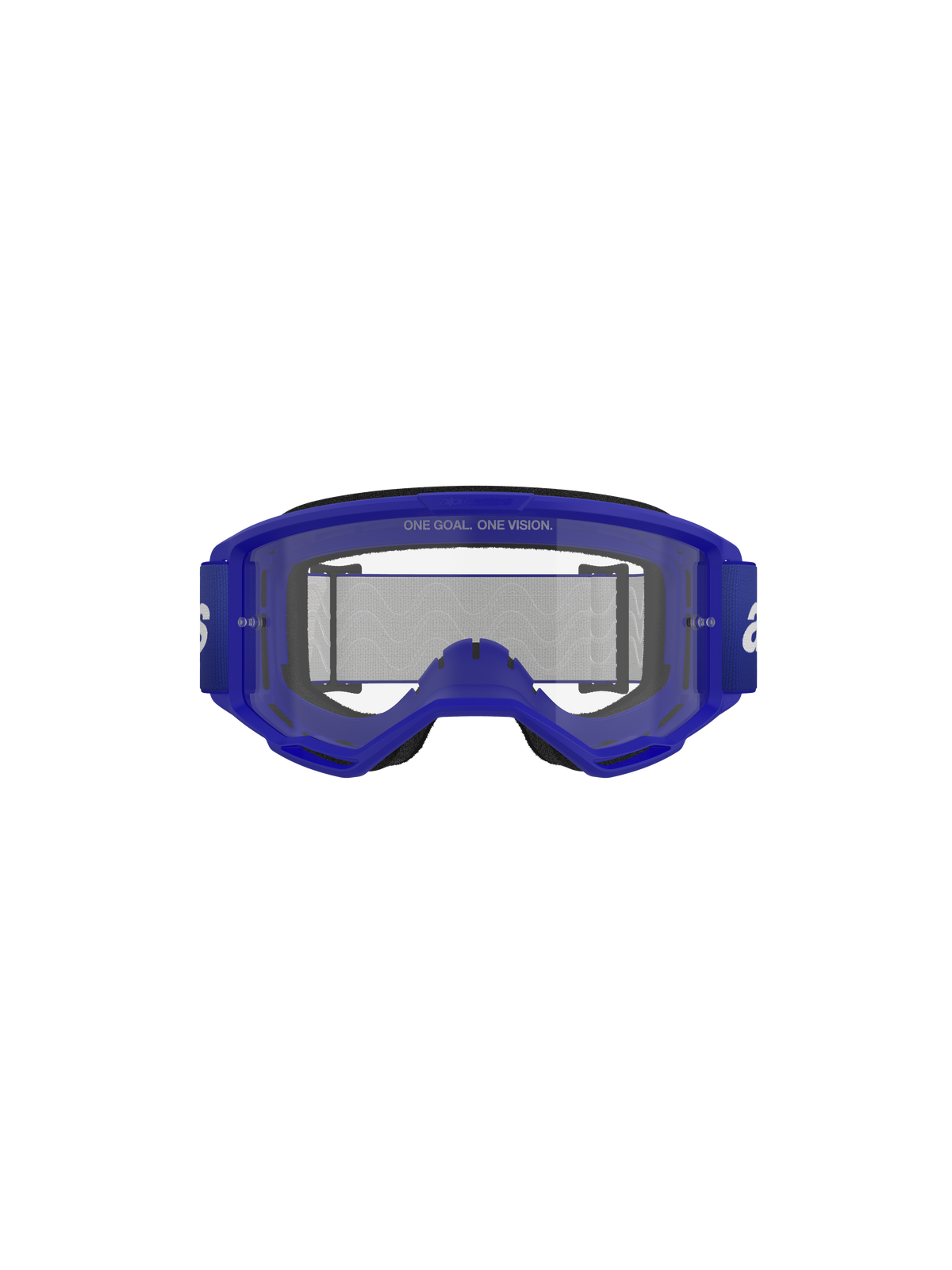 Alpinestars Vision 3 Wordmark Brille, Motocross-Brille, Blau/Klar, Vorderansicht mit blauem A-FLEX-Rahmen und klarer Anti-Beschlag-Sichtscheibe mit „ONE GOAL. ONE VISION.“ Schriftzug, breites blaues Band mit weißem Branding