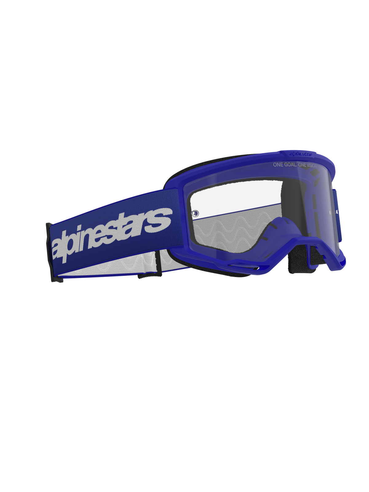 Alpinestars Vision 3 Wordmark Brille, Motocross-Brille, Blau und Klar, mit blauem A-FLEX-Rahmen, klarer Anti-Beschlag-Polycarbonatlinse und breitem dunkelblauen Band mit weißem Alpinestars Wordmark-Logo, strapazierfähiger Offroad-Augenschutz
