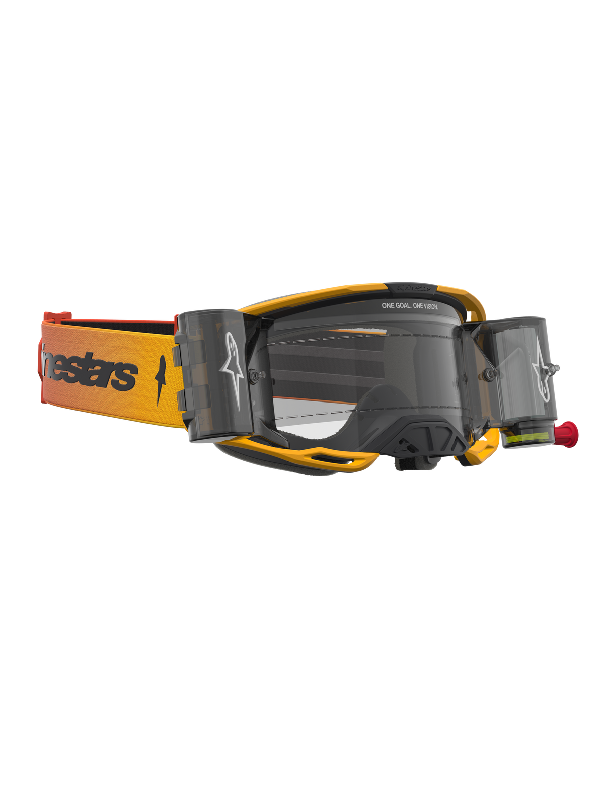 Alpinestars Vision 8 Amber Roll-Off Schutzbrille, gelb-schwarze Motocross-Brille mit klarer Linse und Roll-Off-Kartuschen.