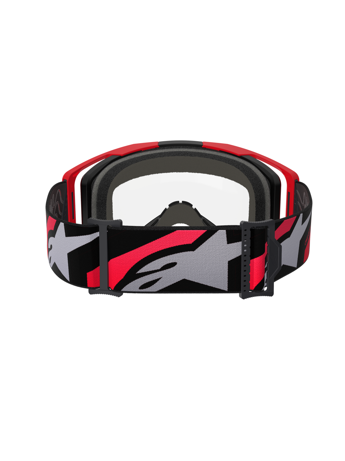 Alpinestars Vision 8 Luar Goggles, Motocross-Brille, Rot, Schwarz und Klar, Rückansicht mit breitem, gewebtem Band und markantem Stern-Logo, mehrschichtigem Gesichtsschaum und leichtem A-FLEX-Rahmendesign