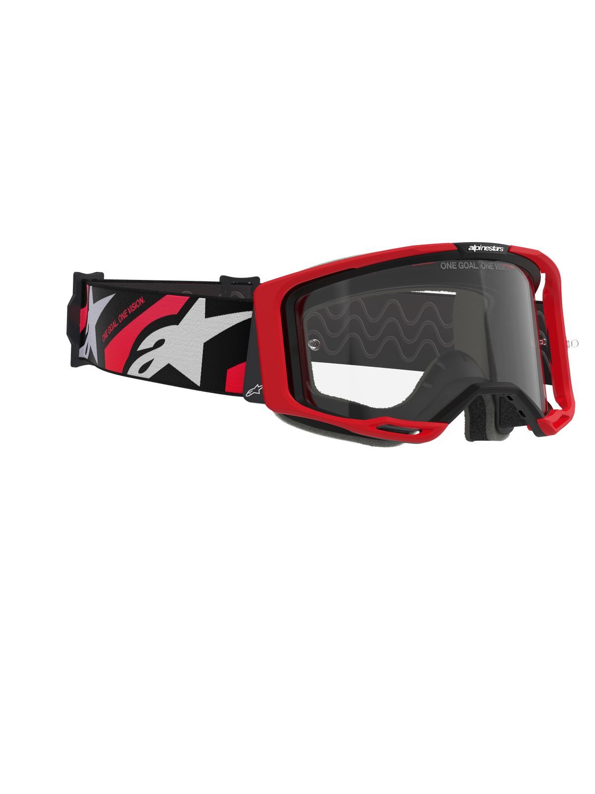 Alpinestars Vision 8 Luar Goggles, Motocross-Brille, Rot, Schwarz und Klar, mit rotem Rahmen, klarer Anti-Beschlag-Scheibe und schwarzem Band mit weißen und roten Logos, professioneller Augenschutz für den Offroad-Rennsport