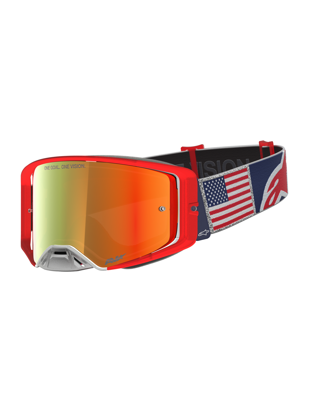 Alpinestars Supertech LE Fiftyfold Motocross-Schutzbrille, Rot und Blau, US-Flaggen-Gurt, spiegelrote Scheibe.