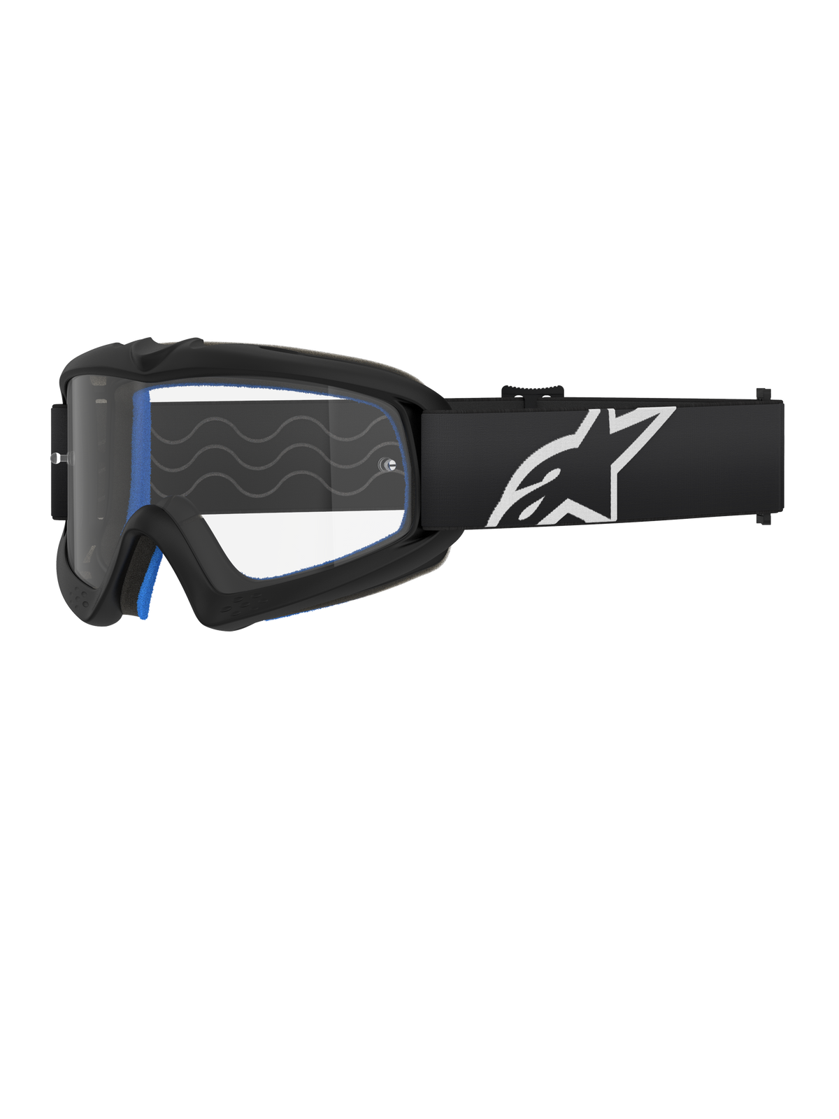 Alpinestars Vision Youth Corp Goggles, Motocross Goggles for Youth, Black with Blue Padding, Clear Lens with Wavy Pattern, Black Strap with White Star Logo, Sleek Modern Design