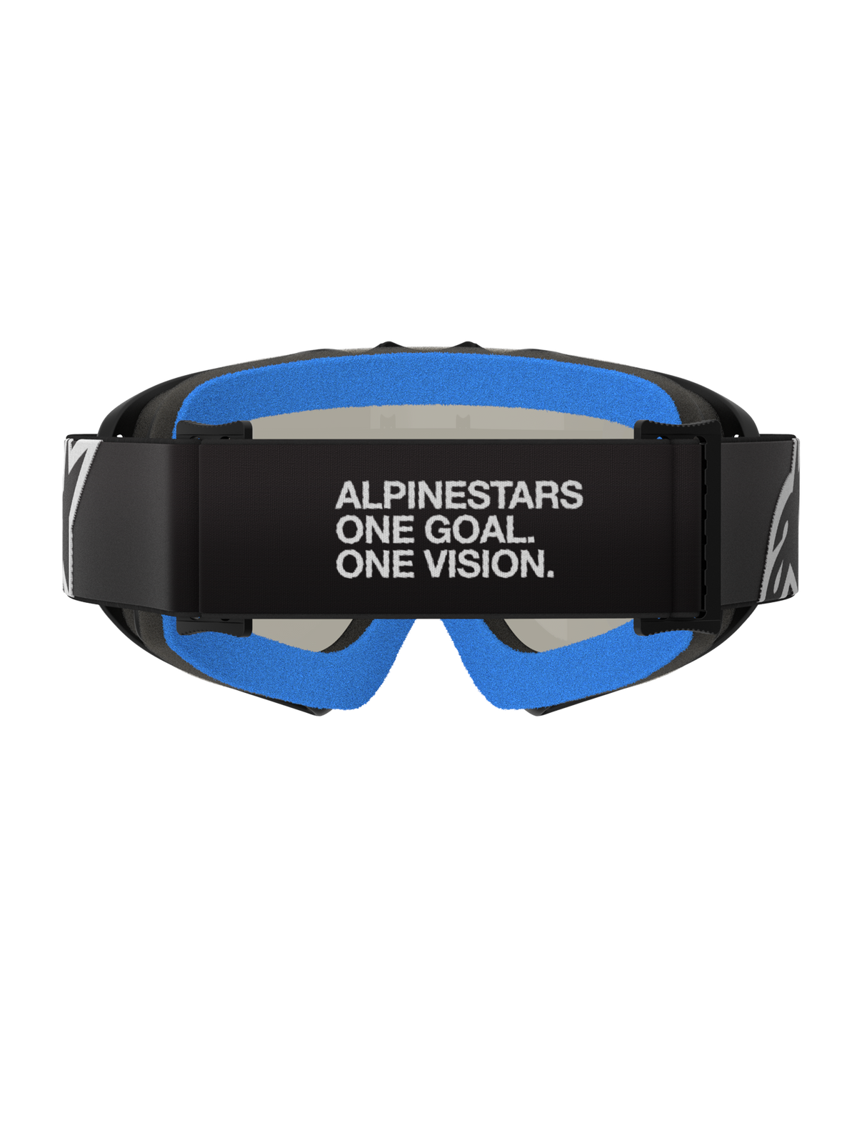 Alpinestars Vision Youth Corp Goggles, Black Mirror Silver, Motocross Goggles, back view featuring black strap with 'ALPINESTARS ONE GOAL. ONE VISION.' white text, bright blue plush face foam, and black A-FLEX frame.