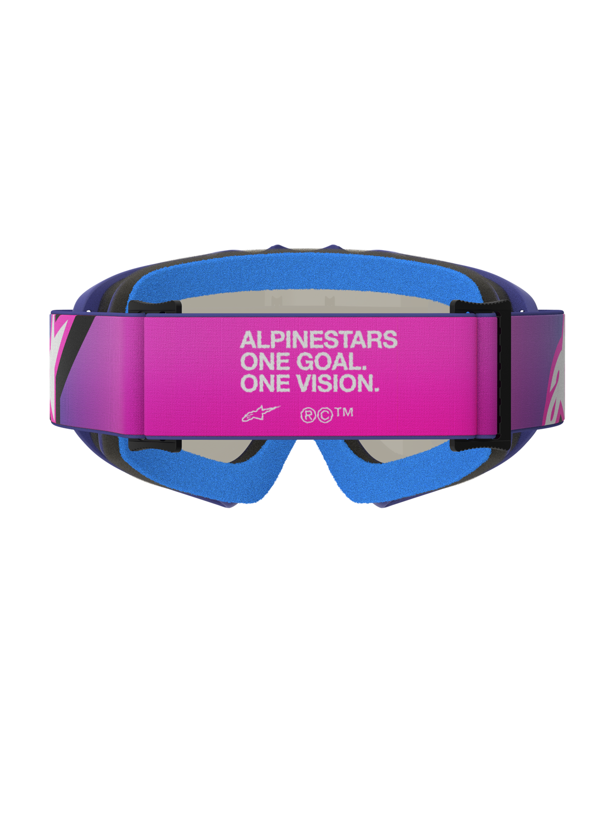 Alpinestars Vision Youth Corp Goggles, Motocross Goggles, Purple Fluo Pink and Mirror Blue, rear view featuring a pink adjustable strap with white 'ALPINESTARS ONE GOAL. ONE VISION.' text, blue cushioned face foam, and purple urethane frame, designed for young off-road riders.