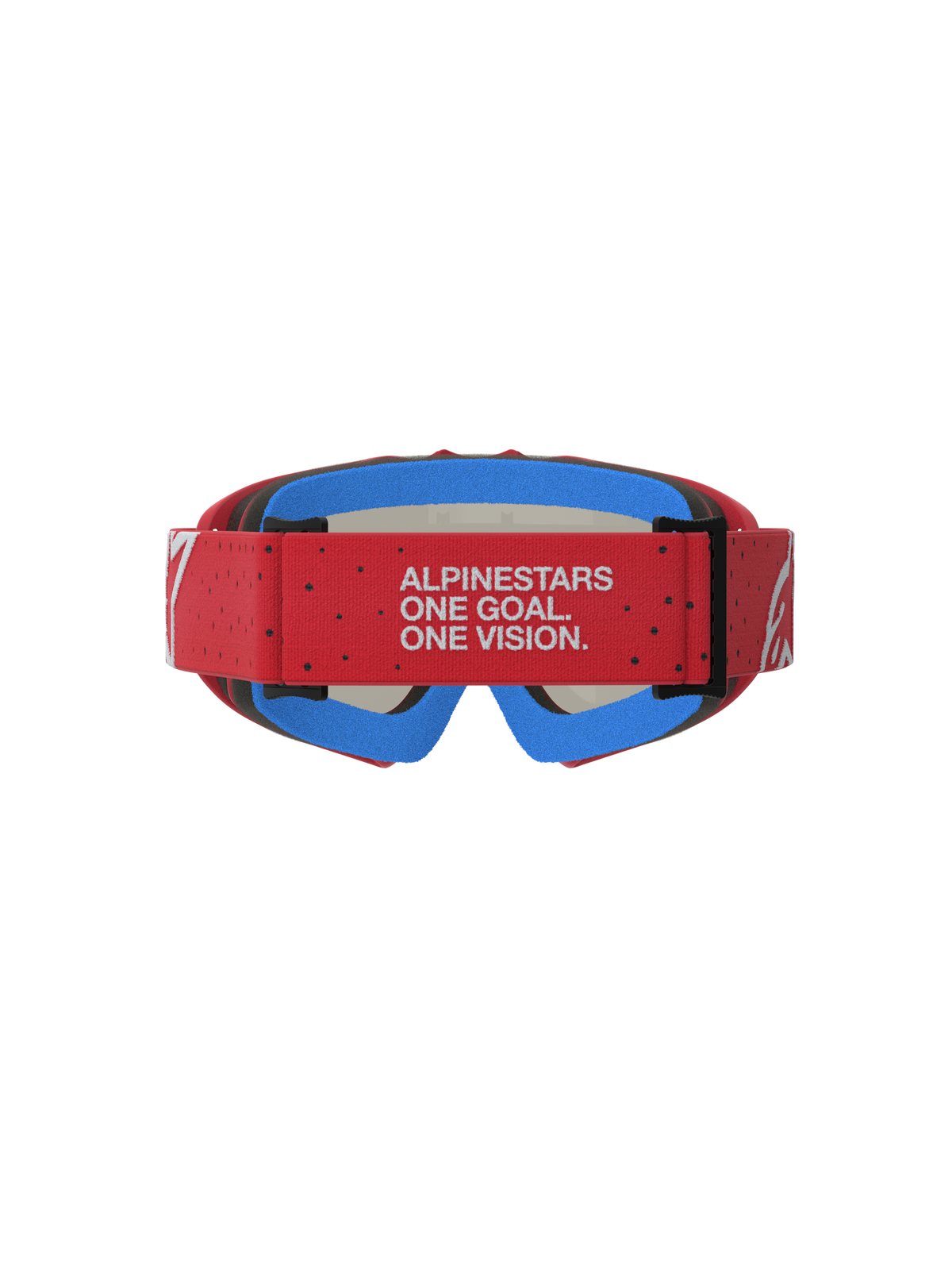 Alpinestars Vision Vesta Jugend-Schutzbrille, Rückansicht mit rotem Band, weißer Markenschriftzug, blauer Gesichtsschaum.