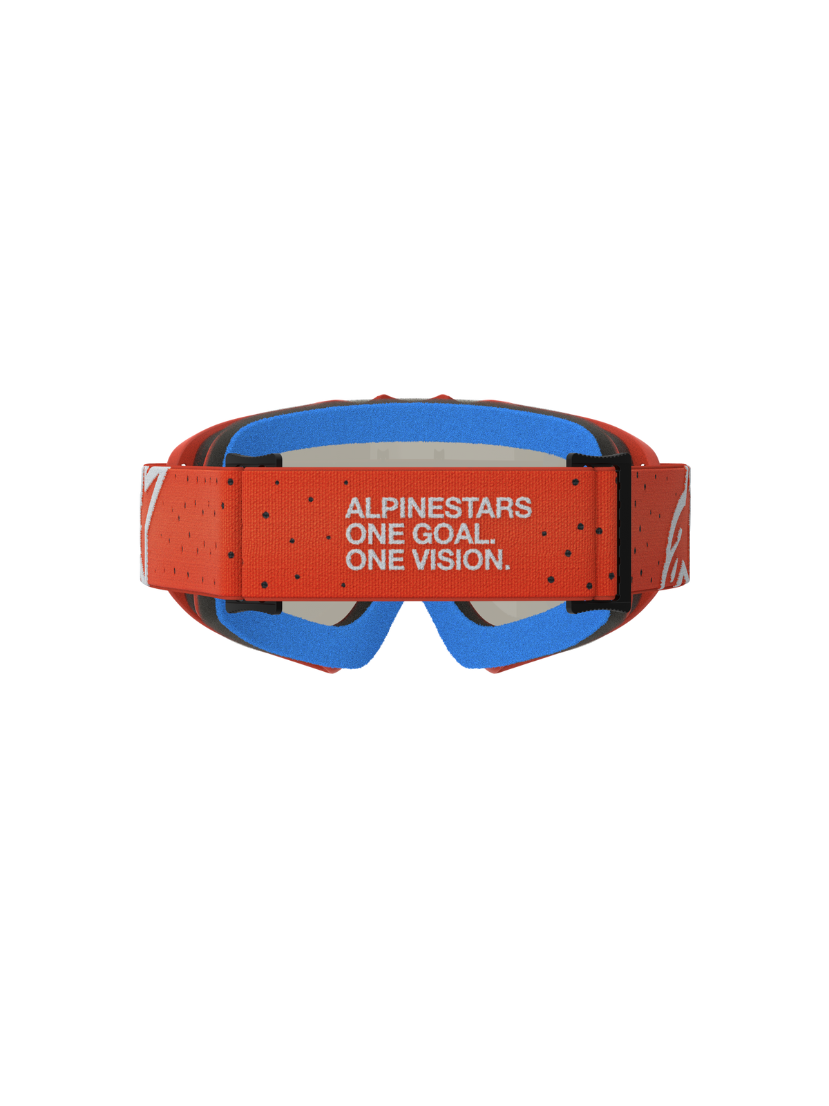 Alpinestars Vision Jugend-Schutzbrille Vesta, Motocross-Brille, Orange und Blau, mit Markenmotto auf dem Brillenband.