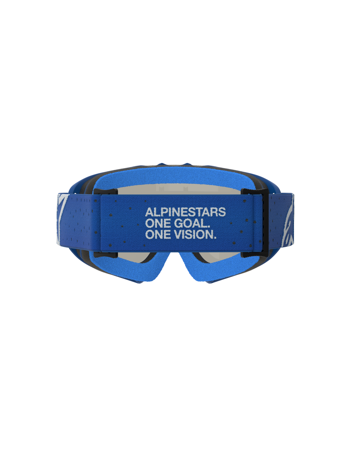 Alpinestars Vision Jugend-Schutzbrille Vesta, blau-weiße Motocross-Schutzbrille für Kinder, Rückansicht mit markiertem Brillenband.