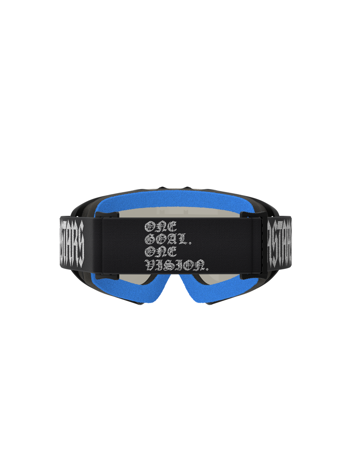 Alpinestars Vision Jugend-Schutzbrille Atrox, Schwarz und Blau, Rückansicht mit One Goal One Vision Branding auf dem Band.