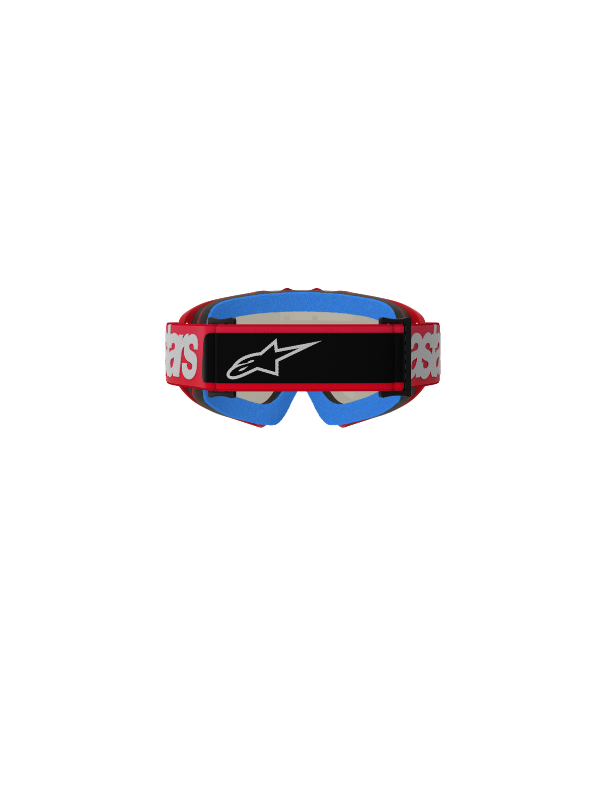 Alpinestars Vision Youth Blaze Goggles, Motocross-Brille, Rot und Silber, Rückansicht zeigt rotes Brillenband mit weißem Branding und schwarzem Mittelteil mit weißem Astars-Logo, blaue Schaumstoffpolsterung auf der Innenseite