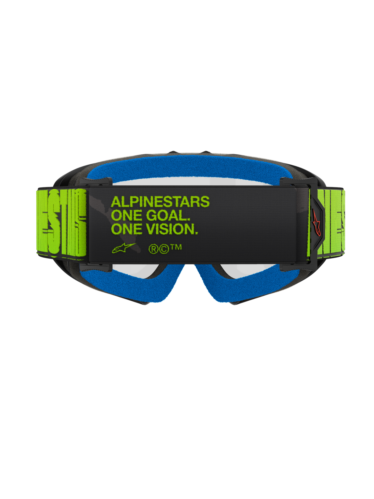 Alpinestars Vision Youth Hollow Goggles, Motocross-Brille, Charcoal und Fluo-Gelb, Rückansicht mit dem Slogan „ALPINESTARS ONE GOAL. ONE VISION.“ auf dem Brillenband, leuchtend blauer Gesichtsschaum, jugendspezifische Motocross-Brille