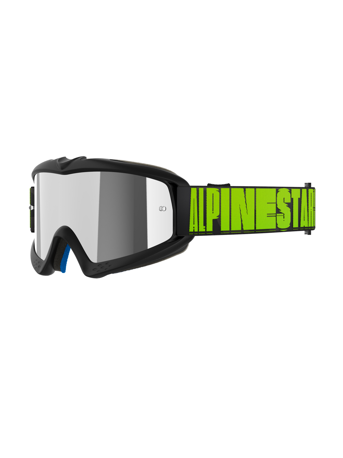 Alpinestars Vision Youth Hollow Goggles, Youth Motocross Goggles, Charcoal and Fluo Yellow, Mirror Silver reflective lens, black strap with bold neon yellow Alpinestars logo, blue interior padding, specialized fit for youth riders