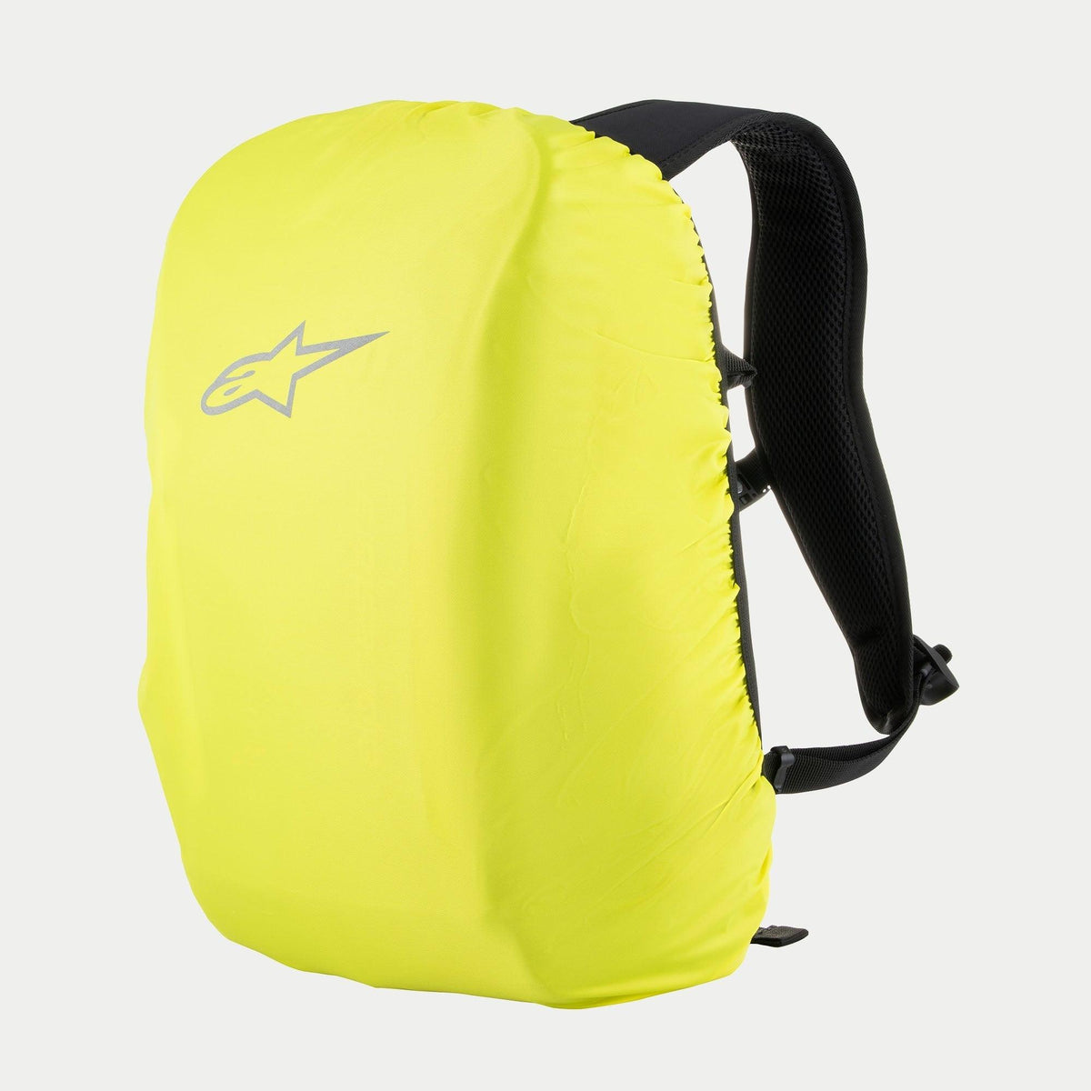 Alpinestars AMP3 Rucksack, fluoreszierend gelbe Regenhülle mit silbernem Alpinestars-Logo, schwarze verstellbare Schultergurte, wasserdichtes Schutzzubehör für Motorradausrüstung