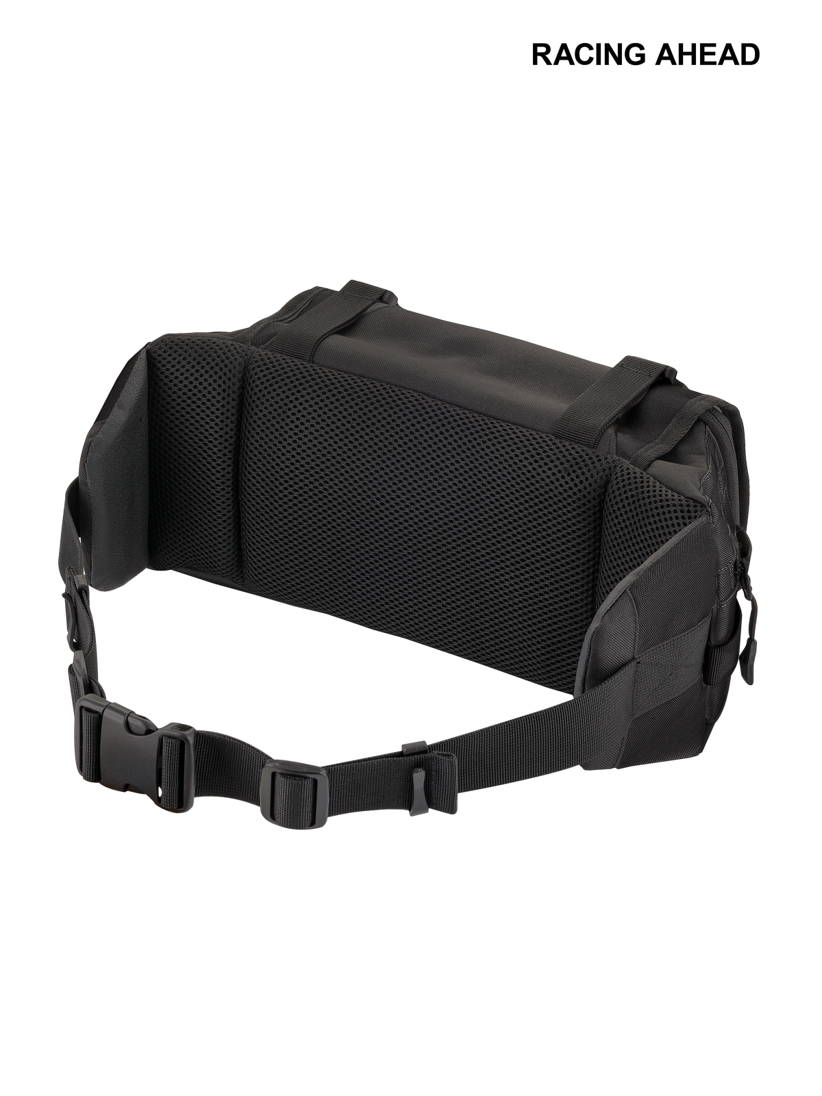 Alpinestars Tech Tool Pack, Enduro- und Motocross-Werkzeugtasche, Schwarz, Rückansicht mit Air-Mesh-Rückenpolsterung zur Belüftung, verstellbarer Hüftgurt mit sicherem Kunststoffverschluss, strapazierfähige Textilkonstruktion für den Offroad-Einsatz