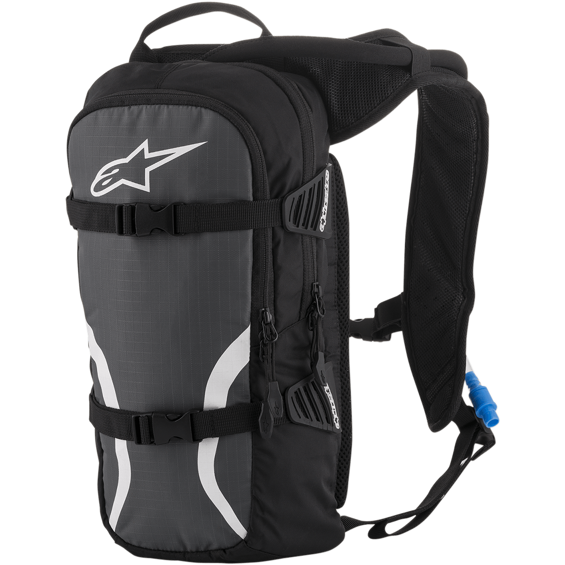 Alpinestars Iguana Hydration Backpack, Off-Road Trinkrucksack, Schwarz, Anthrazit und Weiß, mit gepolsterten Mesh-Schultergurten, vorderen Kompressionsriemen mit Schnallen, Reißverschlussfächern und einem blauen Trinkschlauch mit Mundstück