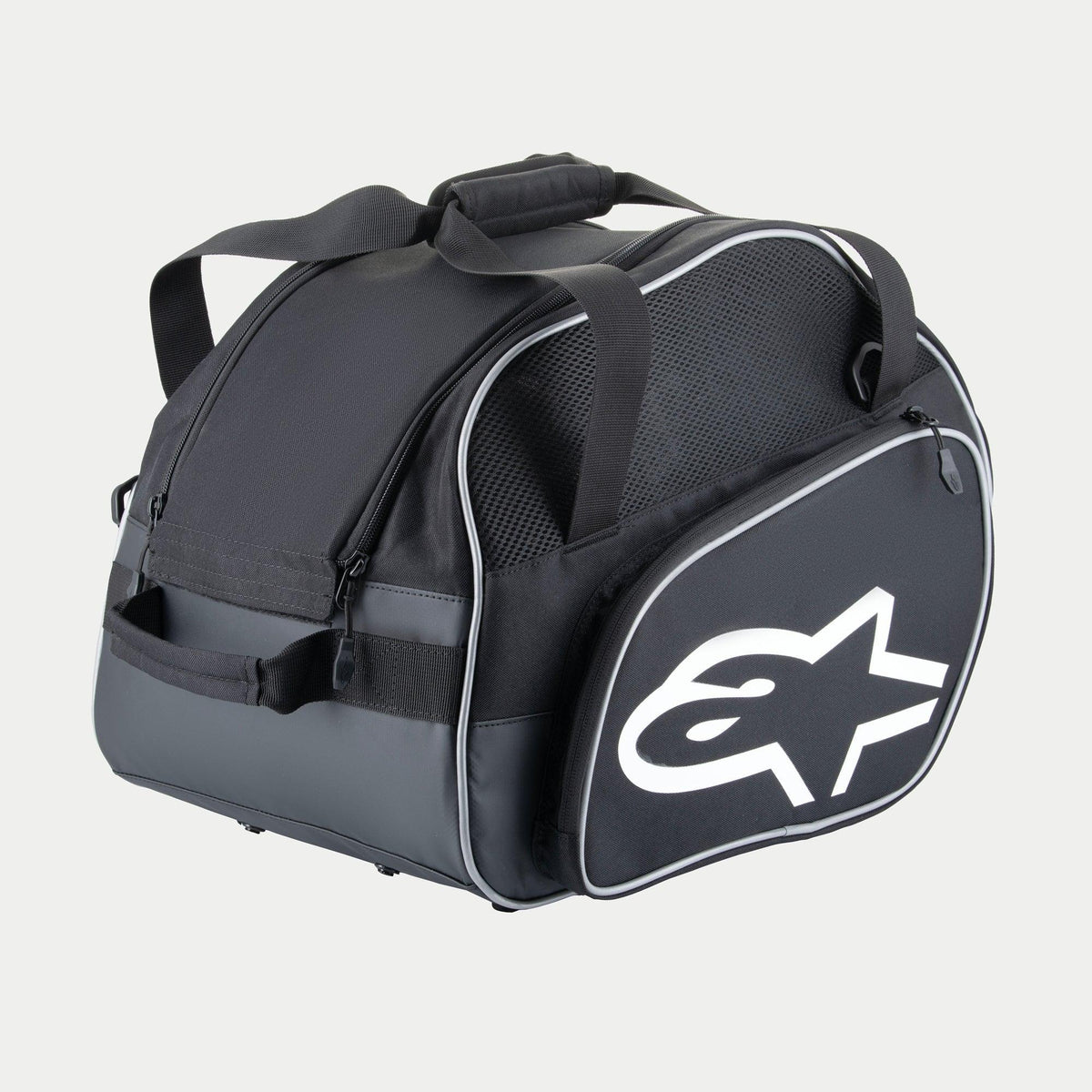 Alpinestars Flow V3 Helmtasche, schützende Aufbewahrung für Integralhelme, Schwarz und Weiß, mit großem weißen Logo auf der Seite, Netz-Einsätzen zur Belüftung und verstärkten Tragegriffen, strapazierfähiges Polyester-Design für Rennausrüstung
