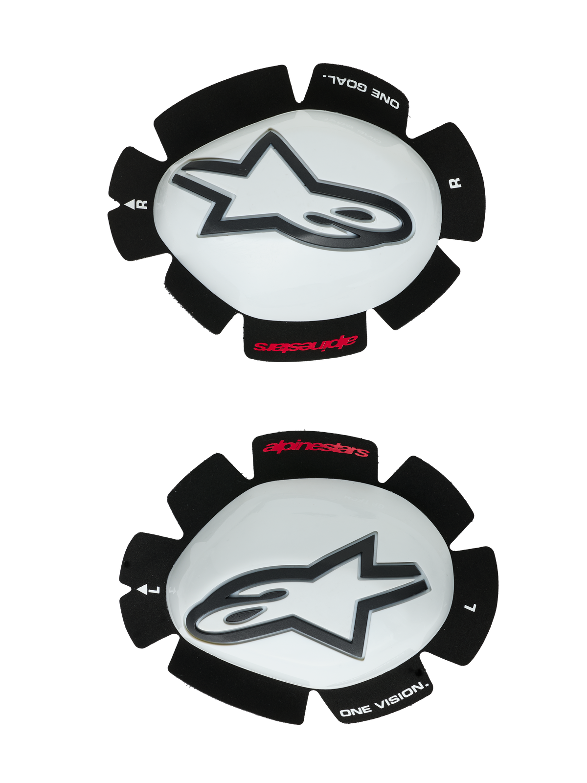 Alpinestars GP Tech Knieschleifer, Motorrad-Knieprotektoren, Weiß und Schwarz, Set aus linkem und rechtem Schleifer mit weißen Kunststoffschalen und schwarzen Astar-Logos, Klettverschluss-Rückseite mit „ONE GOAL ONE VISION“-Schriftzug, Hochleistungs-Rennausrüstung