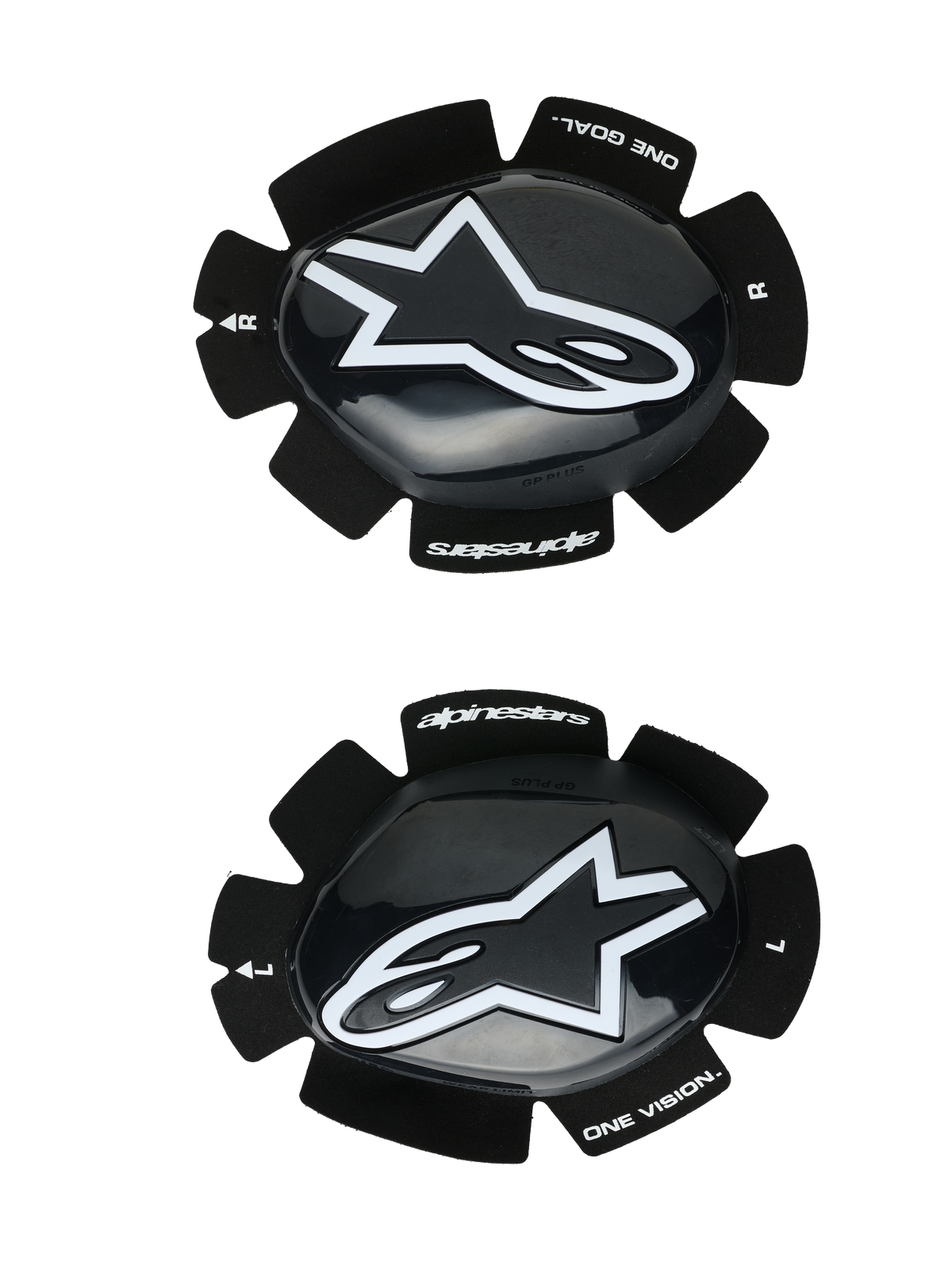 Alpinestars GP Plus Knieschleifer, Motorrad-Rennknieschleifer, Schwarz-Weiß, glänzende Oberfläche mit weißem Stern-Logo, Klettverschluss-Befestigungssystem, mit „One Goal One Vision“ Branding, Set für links und rechts