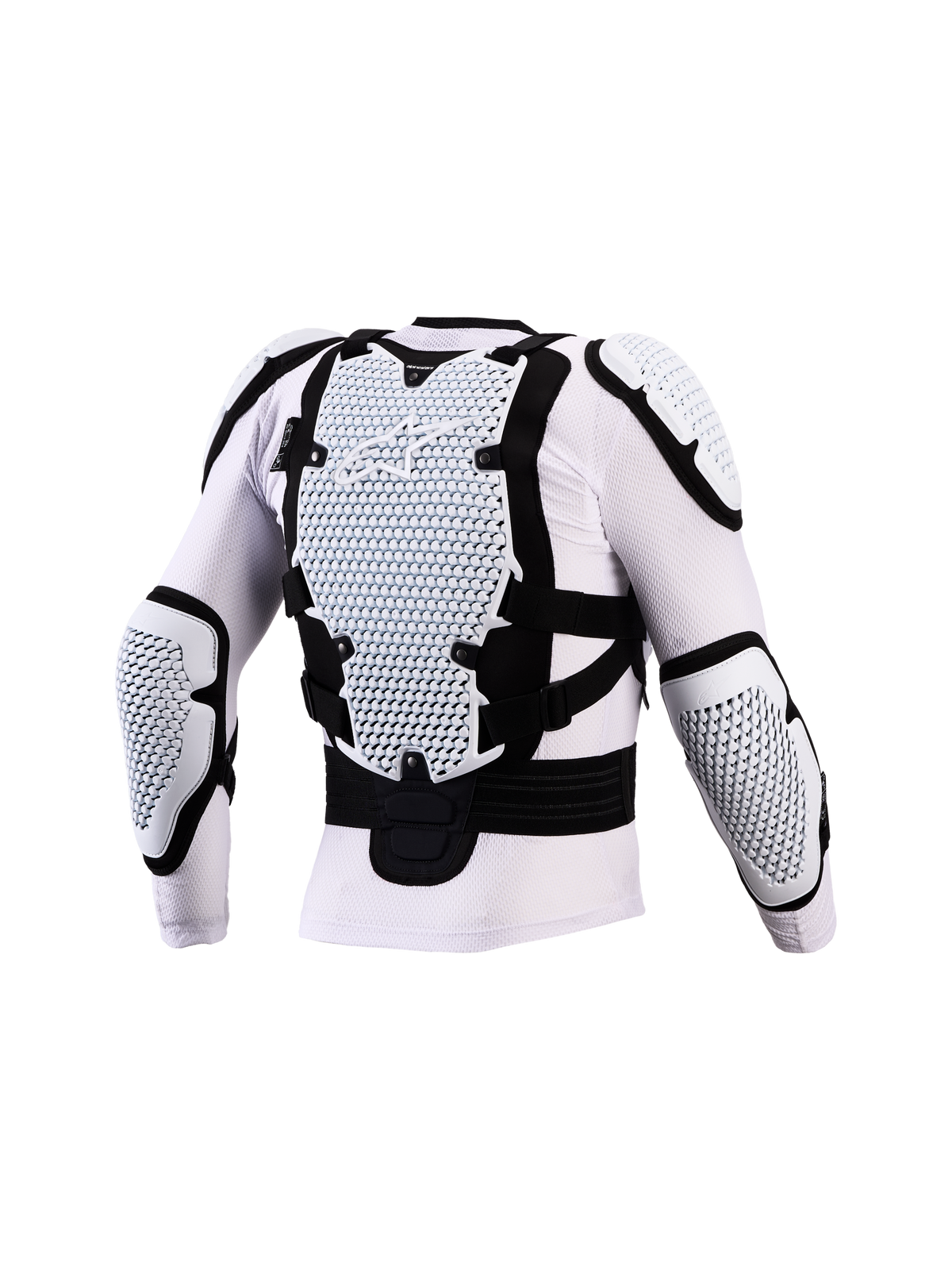 Alpinestars Bionic Action V3 Schutzjacke, Motocross-Körperschutz in Weiß und Schwarz, Rückansicht, CE-zertifizierte A-Morph Technology Protektoren an Rücken und Ellbogen, atmungsaktives Mesh.