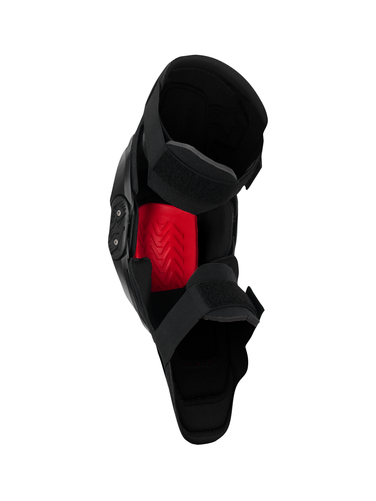 Alpinestars SX-1 Plasma Knieschützer, Motocross-Knieprotektor, Schwarz und Rot, Innenansicht mit dem roten Nucleon PLASMA-Einsatz und Doppel-Riemen-Verschlusssystem, entwickelt für Offroad-Performance.