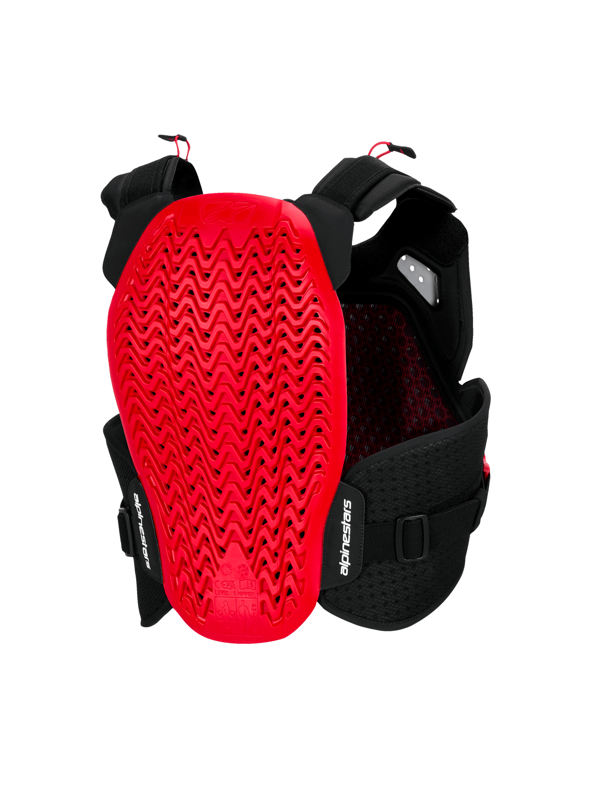 Alpinestars A-4 Plasma Brustpanzer, Rückansicht, Schwarz und Rot, mit einem großen roten Nucleon PLASMA Rückenprotektor mit wellenförmigem, perforiertem Design, schwarzes Mesh-Chassis mit verstellbaren Riemen und weißem Alpinestars-Branding.