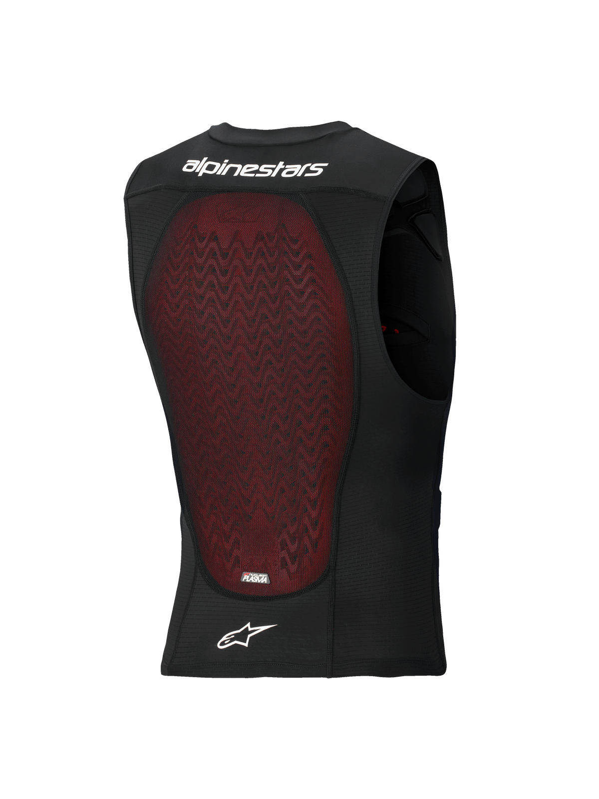 Alpinestars Bionic Plasma LT Schutzweste, Rückansicht, schwarzes atmungsaktives Mesh mit großem rotem Nucleon PLASMA Rückenprotektor, weißer Alpinestars-Schriftzug und Logo, konzipiert für Offroad- und Motocross-Aufprallschutz
