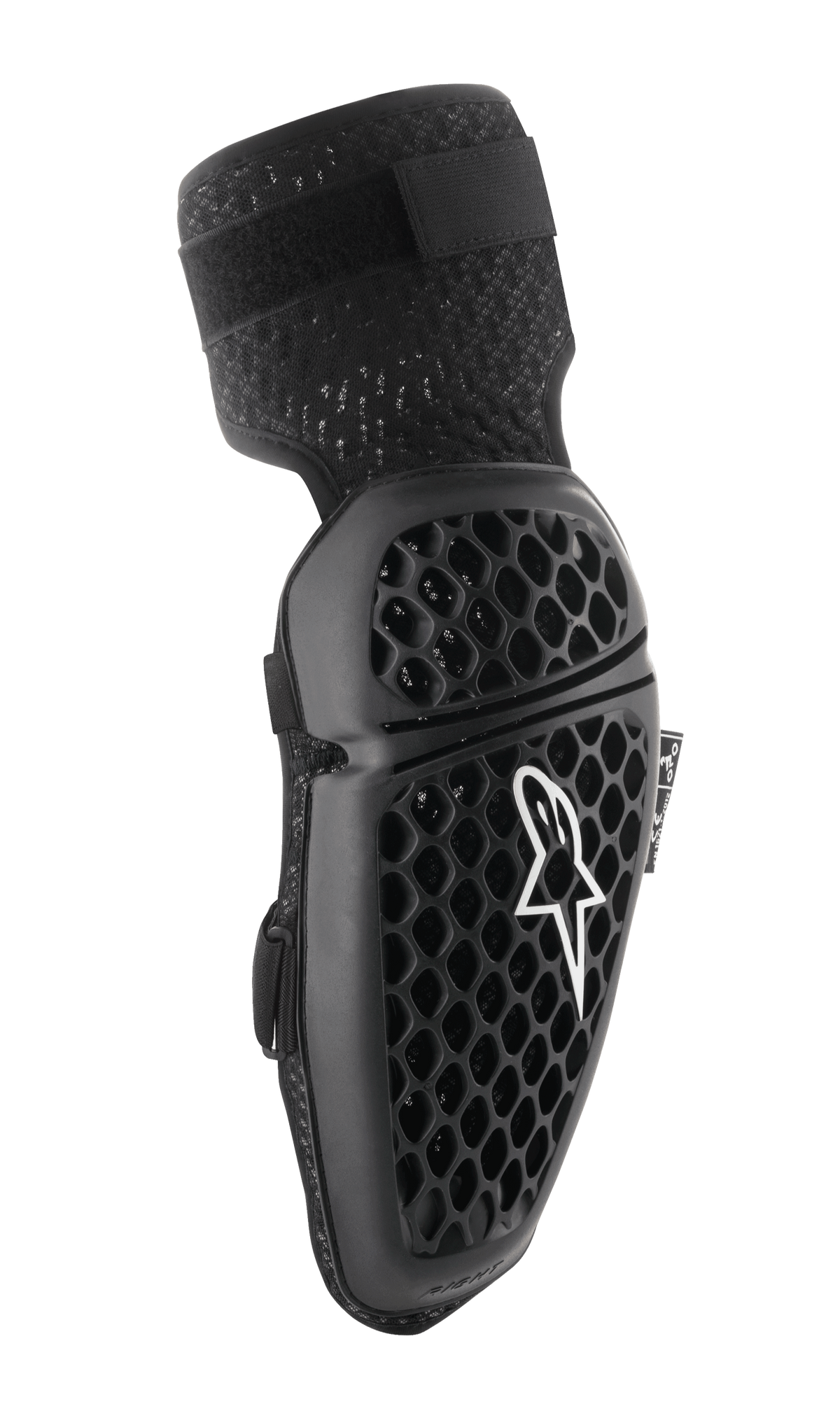 Alpinestars Bionic Plus Ellbogenschützer, Schwarz, Motocross-Ellbogenschutz, Wabenstruktur für Belüftung, ergonomisch geformtes Design, strukturierter Elastikgurt, CE-zertifiziert, Seitenansicht rechts