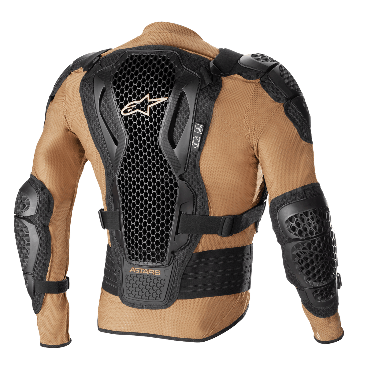 Alpinestars Bionic Action V2 Schutzjacke, Sand, Schwarz und Tangerine, Rückansicht mit Cell Technology Rückenprotektor im Waben-Design, integriertem Schulter- und Ellbogenschutz und atmungsaktiver sandfarbener Netzkonstruktion.