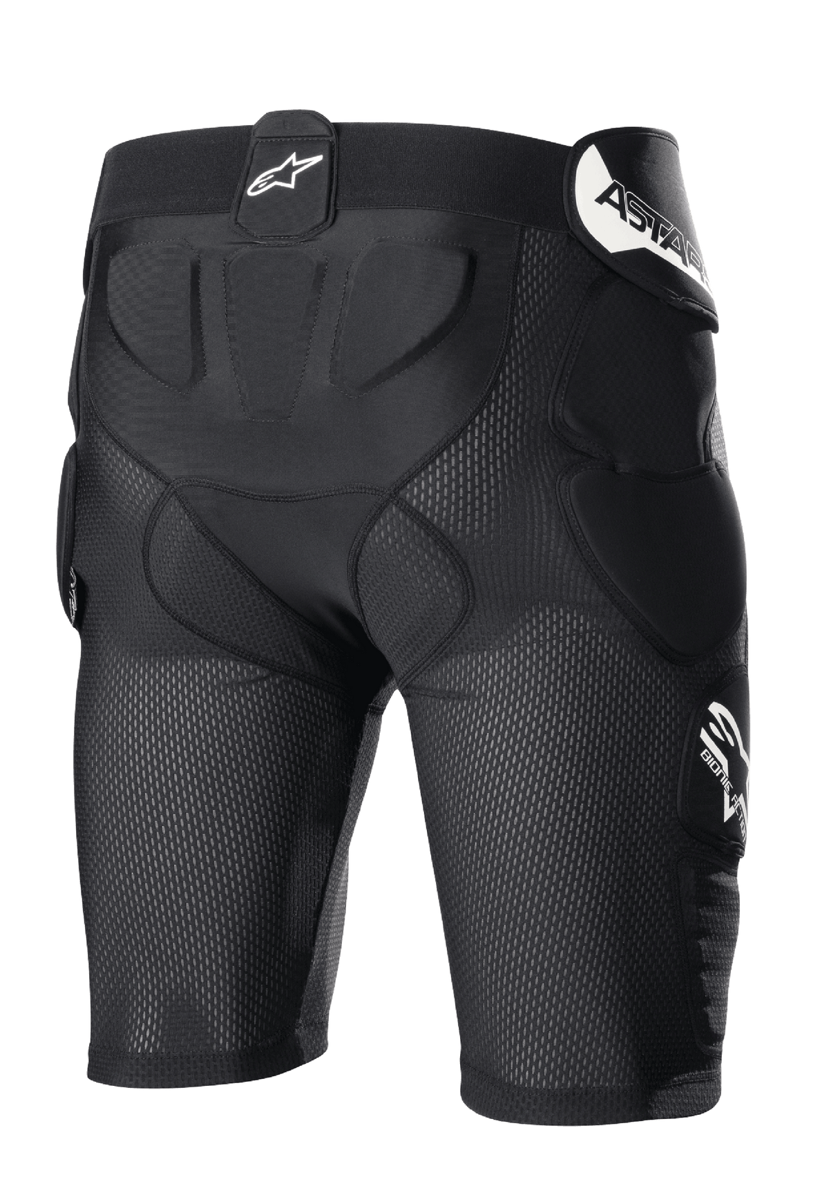 Alpinestars Bionic Action Protektorenshorts, Schwarz, Motocross-Schutzshorts mit atmungsaktiver Mesh-Konstruktion, integrierter Polsterung an Hüfte und Steißbein, mit weißem Branding am Bund und an der Seite.