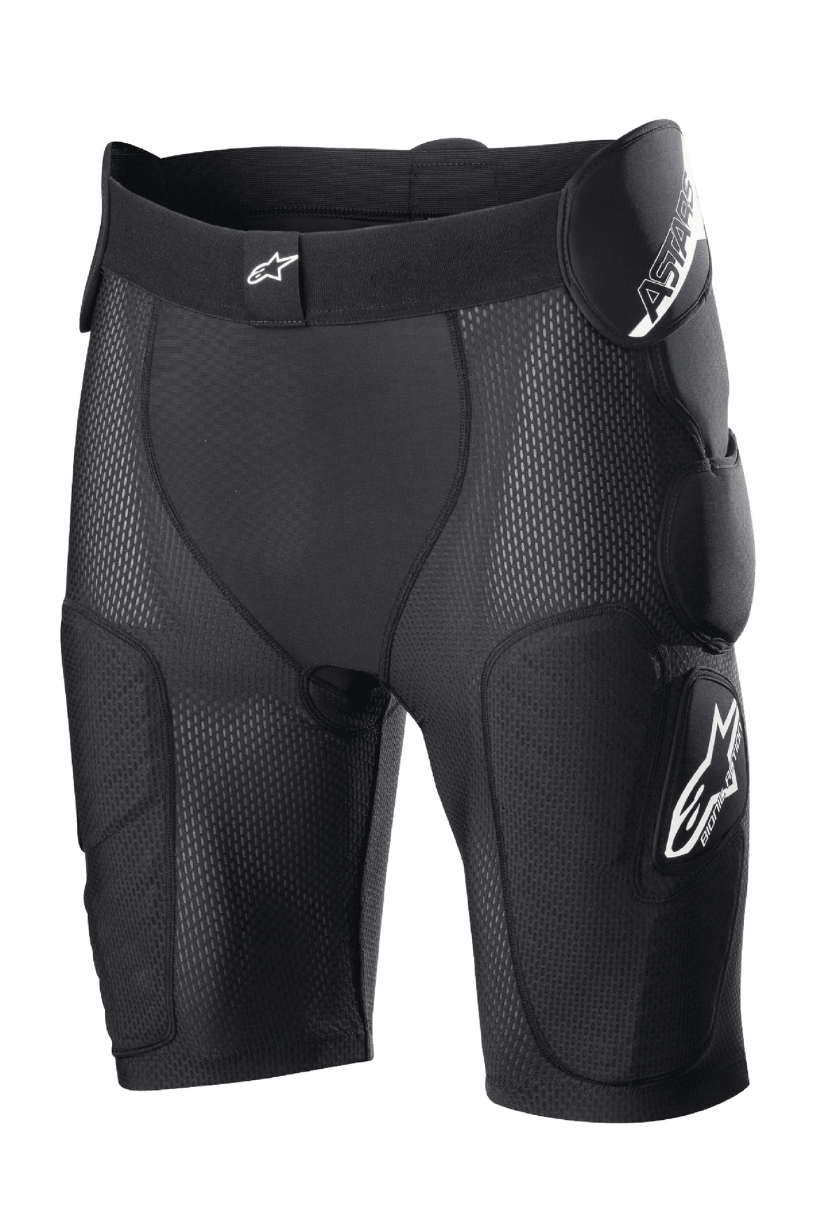 Alpinestars Bionic Action Schutzshorts, Schwarz, mit integrierter Hüft- und Oberschenkelpolsterung, atmungsaktiver Mesh-Konstruktion, elastischem Bund mit weißem Logo, Motocross- und Offroad-Schutzausrüstung
