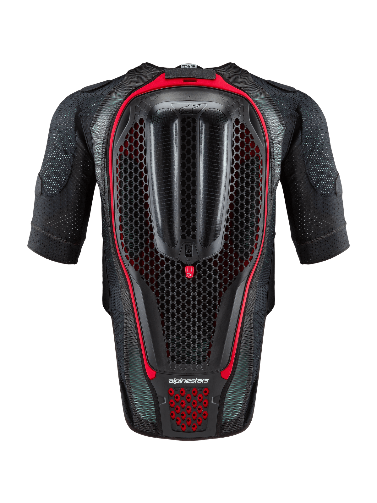 Alpinestars Tech-Air® 7X System, autonome Motorrad-Airbag-Weste, Schwarz und Rot, Rückansicht mit integriertem Waben-Rückenprotektor und belüfteter Mesh-Konstruktion für Rennstrecke und Straße.