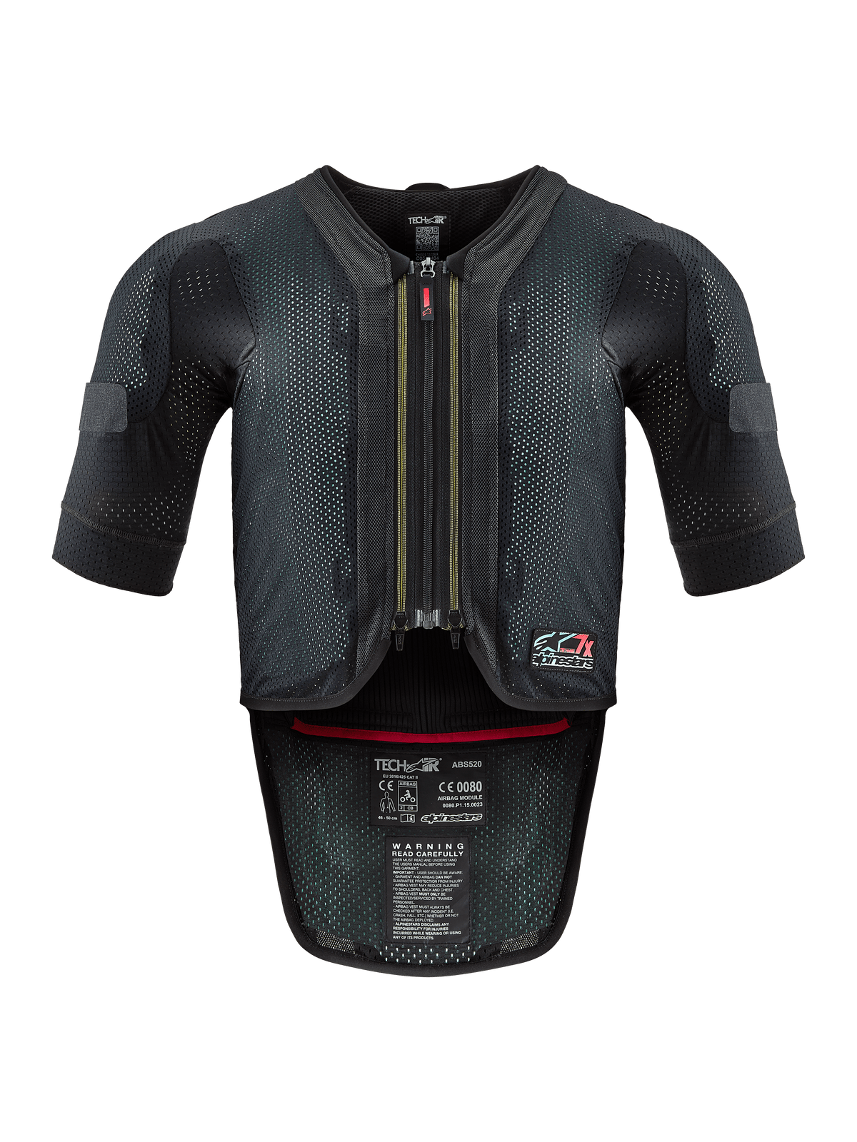 Alpinestars Tech-Air® 7X System, Motorrad-Airbag-Weste, Schwarz und Rot, Vorderansicht mit belüftetem Mesh-Chassis, mittiger Reißverschluss mit rotem Anhänger und internen Zertifizierungsetiketten, Hochleistungsschutz für Rennstrecken- und Straßeneinsatz