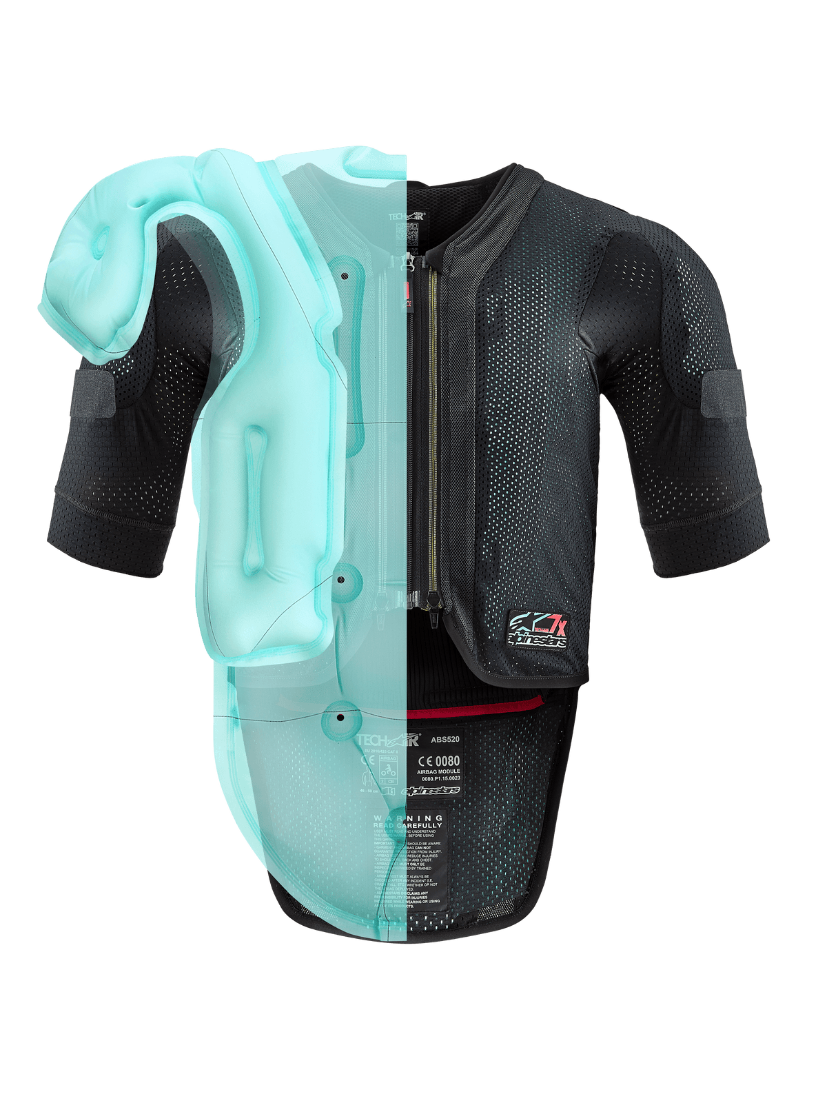 Alpinestars Tech-Air® 7X System, autonome Motorrad-Airbag-Weste, schwarzes Mesh-Chassis mit hellblauer transparenter Visualisierung der internen Airbag-Blase, technische Schutzausrüstung mit kurzen Ärmeln und integriertem Rückenprotektor