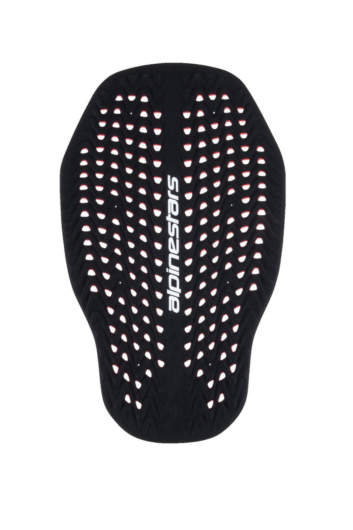 Alpinestars Nucleon Plasma Back Protector Insert, Black and Red motorcycle back protector, highly perforated honeycomb structure for ventilation, vertical white Alpinestars branding, lightweight and adaptive Level 2 CE certified impact protection.