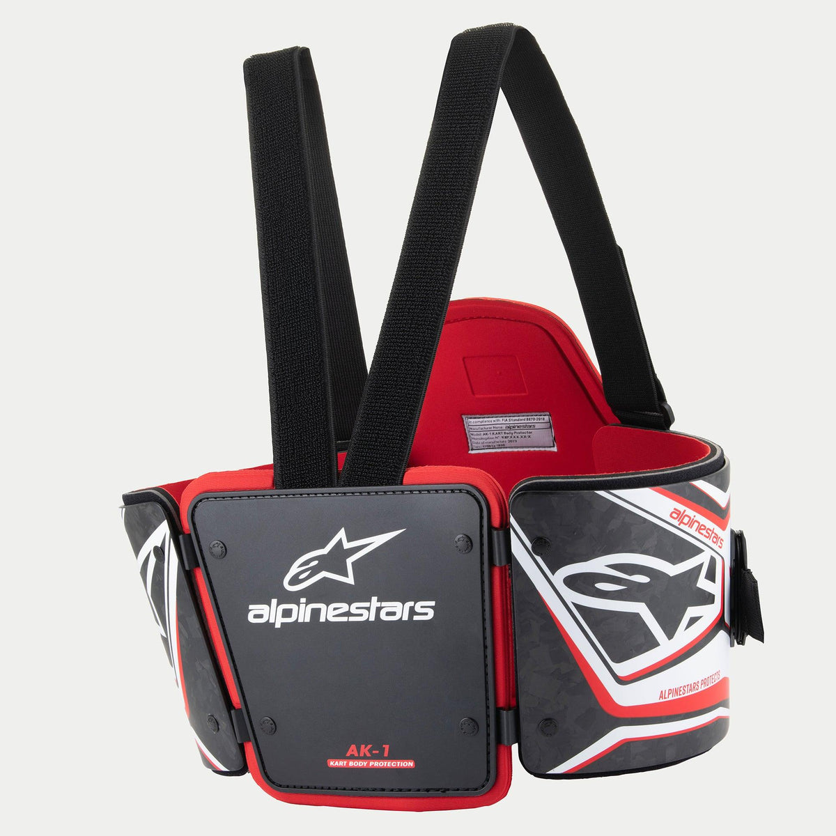 Alpinestars AK-1 Kart Body Protector, Karting Body Protection, Black White and Red, featuring carbon fiber rib panels, red interior padding, adjustable black shoulder straps, and prominent Alpinestars logos
